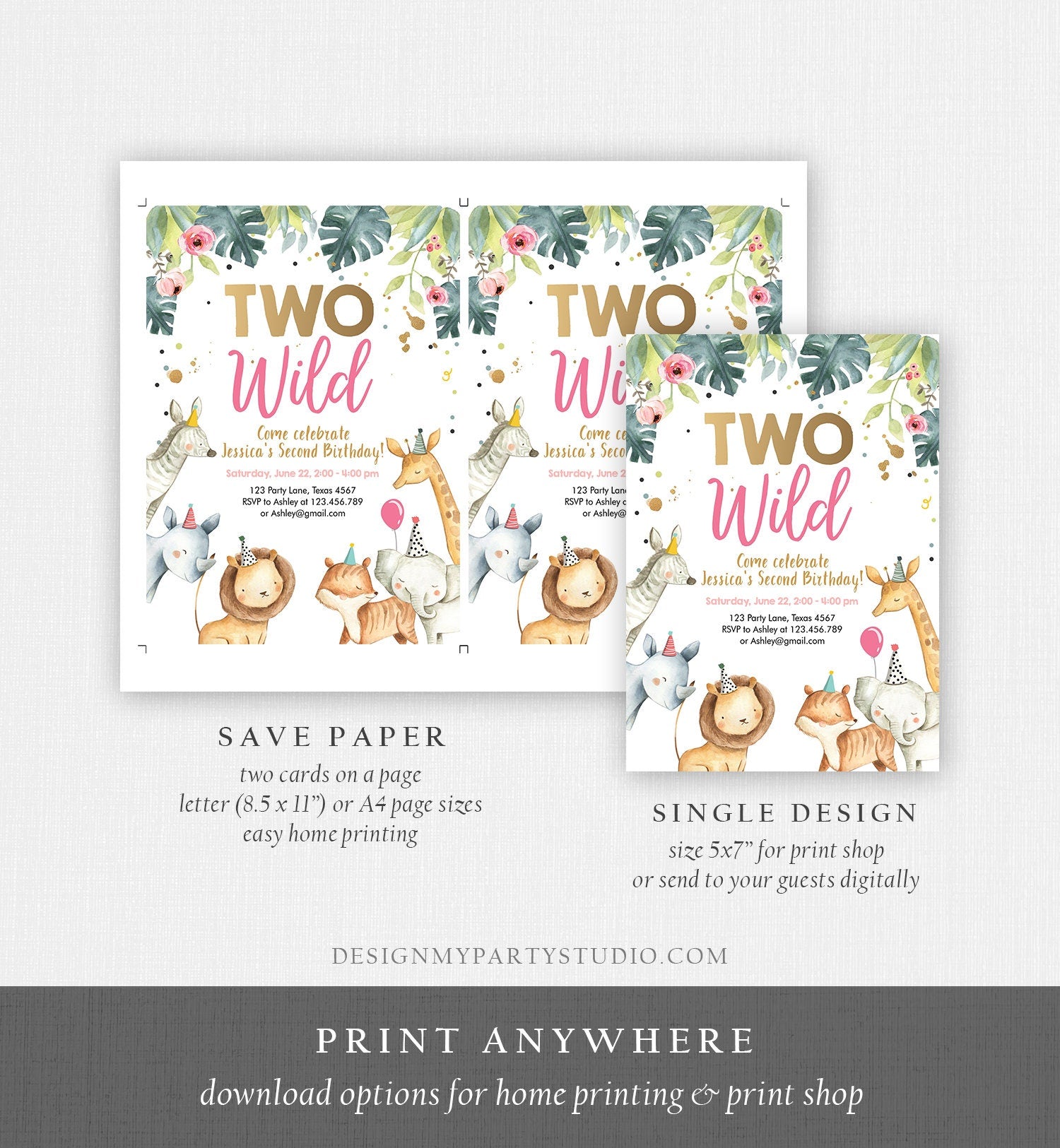 Editable Two Wild Birthday Invitation Safari Animals Girl Second 2nd Birthday Party Animals Digital Download Template Evite Printable 0163