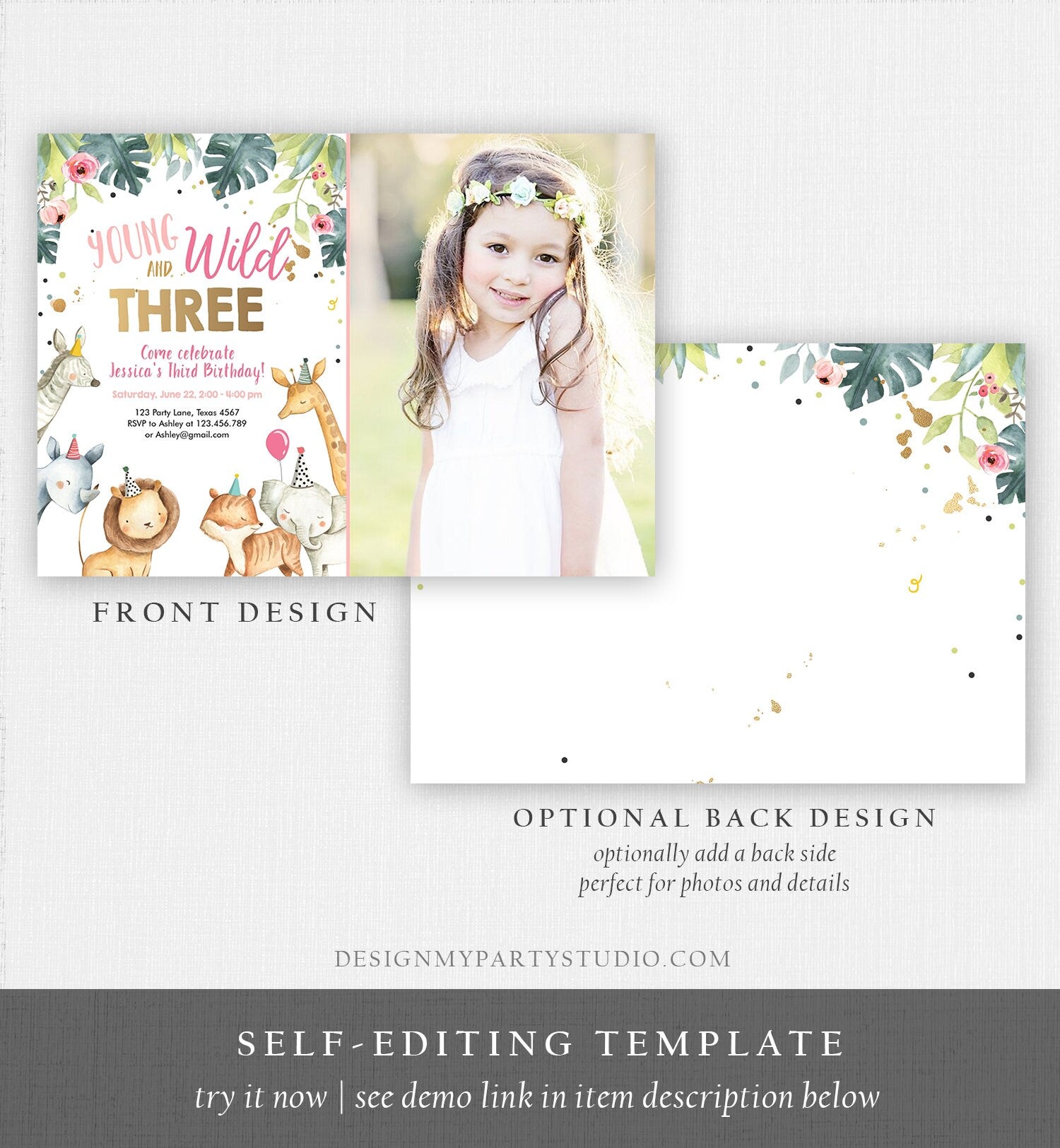 Editable Young Wild and Three Invitation Girl Pink Gold Third 3rd Safari Animals Watercolor Digital Download Evite Template Printable 0163