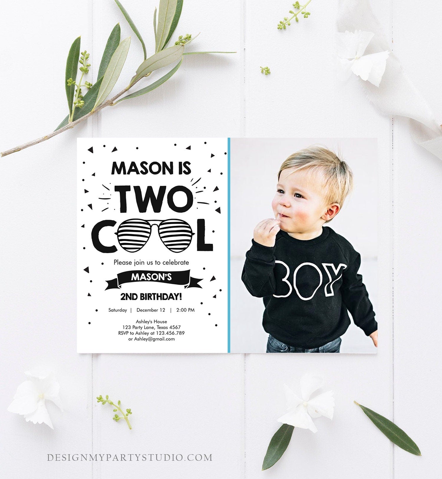 Editable Two Cool Birthday Invitation Boy Second Party 2nd I'm this Many I'm Two Cool Sunglasses Palm Digital Template Printable 0136
