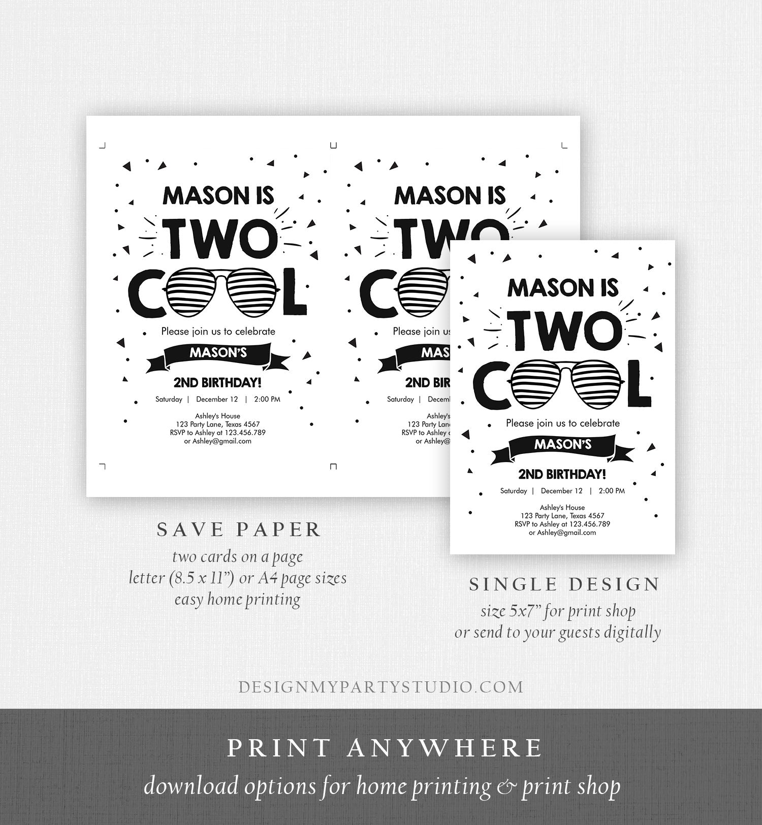 Editable Two Cool Birthday Invitation Boy Second Birthday Party 2nd I'm this Many Two Cool Sunglasses Palm Digital Template Printable 0136
