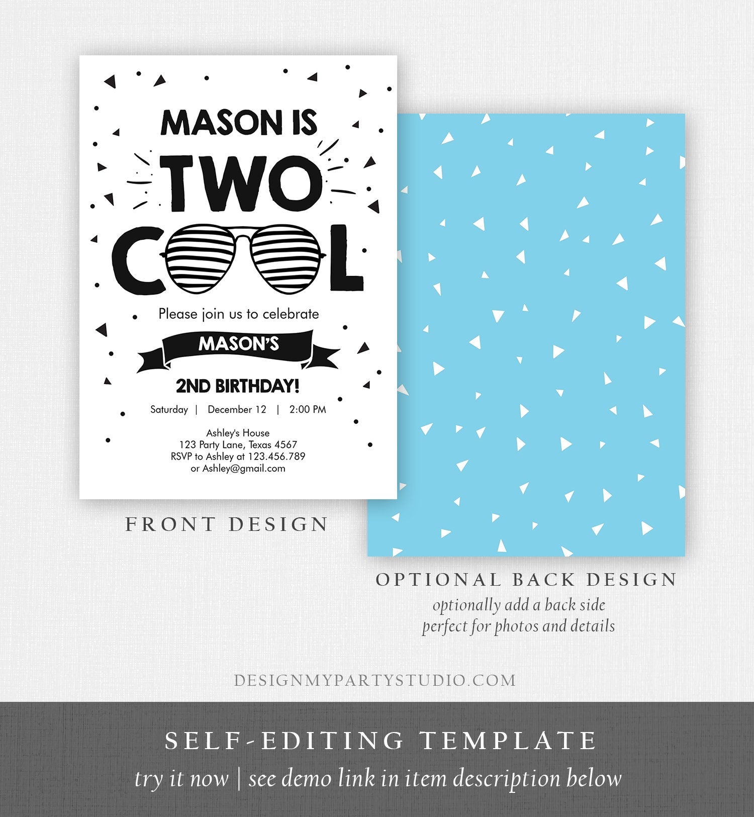 Editable Two Cool Birthday Invitation Boy Second Birthday Party 2nd I'm this Many Two Cool Sunglasses Palm Digital Template Printable 0136