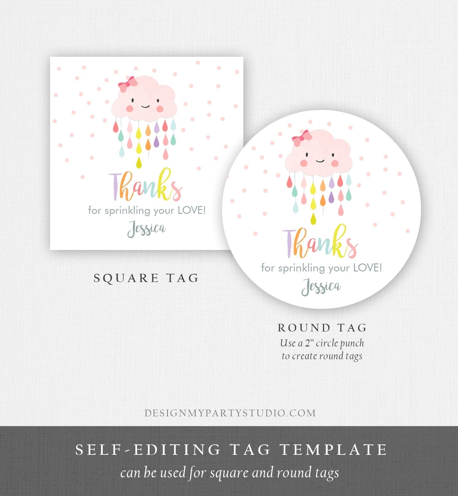 Editable Cloud Baby Shower Favor Tag Pink Bow Round Square Labels Cloud Thank You Tag Stickers Raindrops Sprinkle Shower Template Corjl 0036