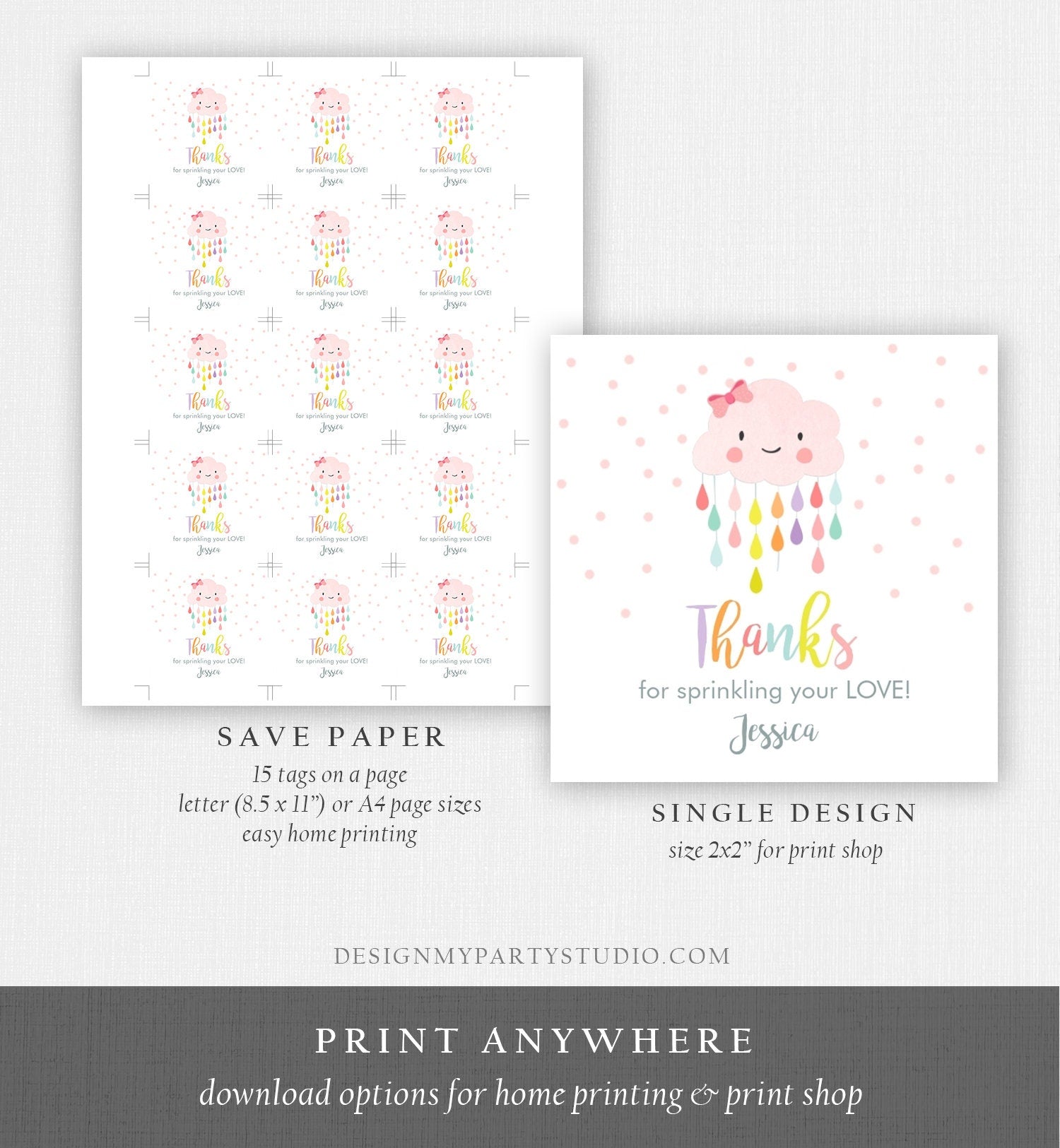 Editable Cloud Baby Shower Favor Tag Pink Bow Round Square Labels Cloud Thank You Tag Stickers Raindrops Sprinkle Shower Template Corjl 0036