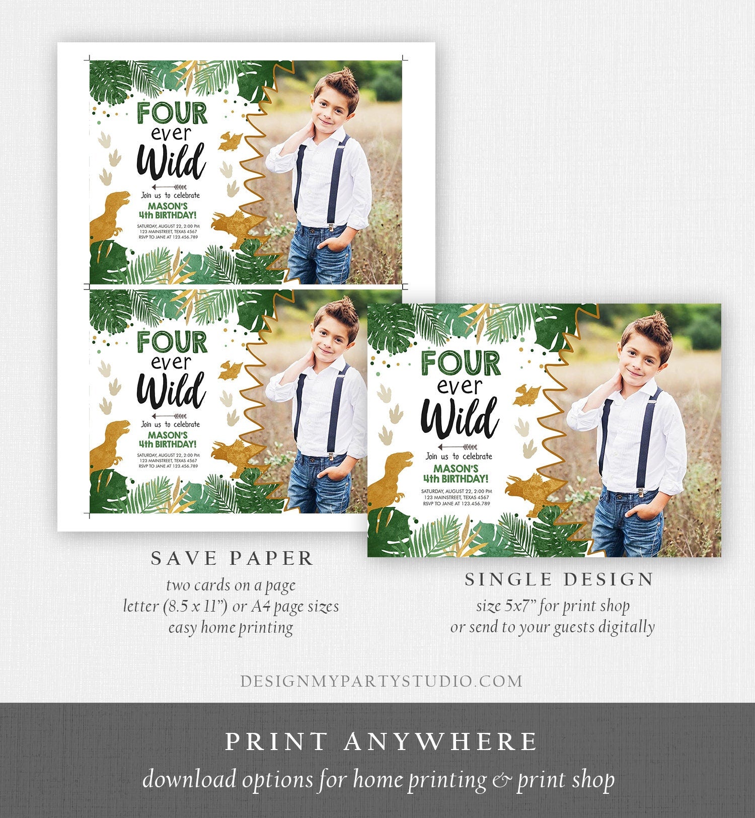 Editable Four Ever Wild Birthday Invitation Dinosaur Dino Party Boy 4th Fourth Birthday Green Gold Fourever Digital Template Printable 0146