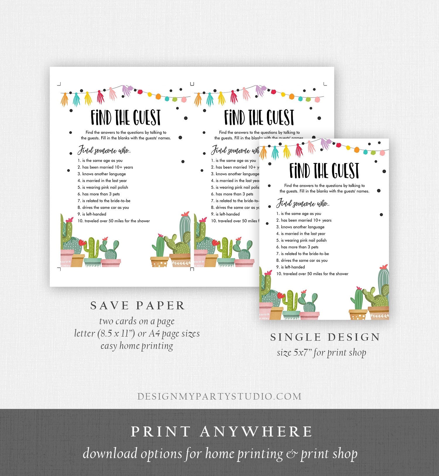 Editable Find the Guest Bridal Shower Game Cactus Fiesta Mexican Couples Games Succulent Wedding Activity Digital Template Printable 0254