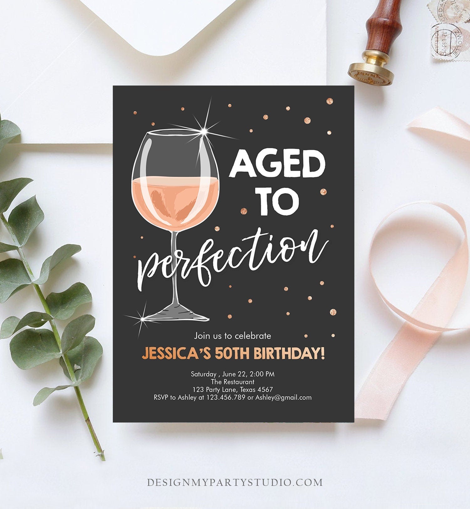 Editable Aged to Perfection Birthday Invitation Wine Adult Birthday Invite Rustic Surprise Gold Pink Download Printable Template Corjl 0252