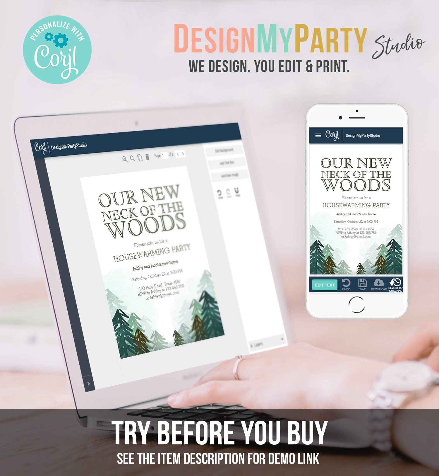 Editable Housewarming Party Invitation Our New Neck of the Woods Forest Winter Fall Party Rustic Download Corjl Template Printable 0295