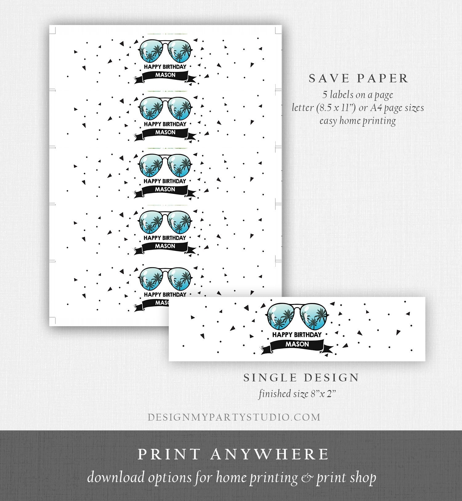 Editable Water Bottle Labels Sunglasses Two Cool Birthday Boy 2nd Birthday Summer I'm This Many Palm Decor Template Corjl Printable 0136