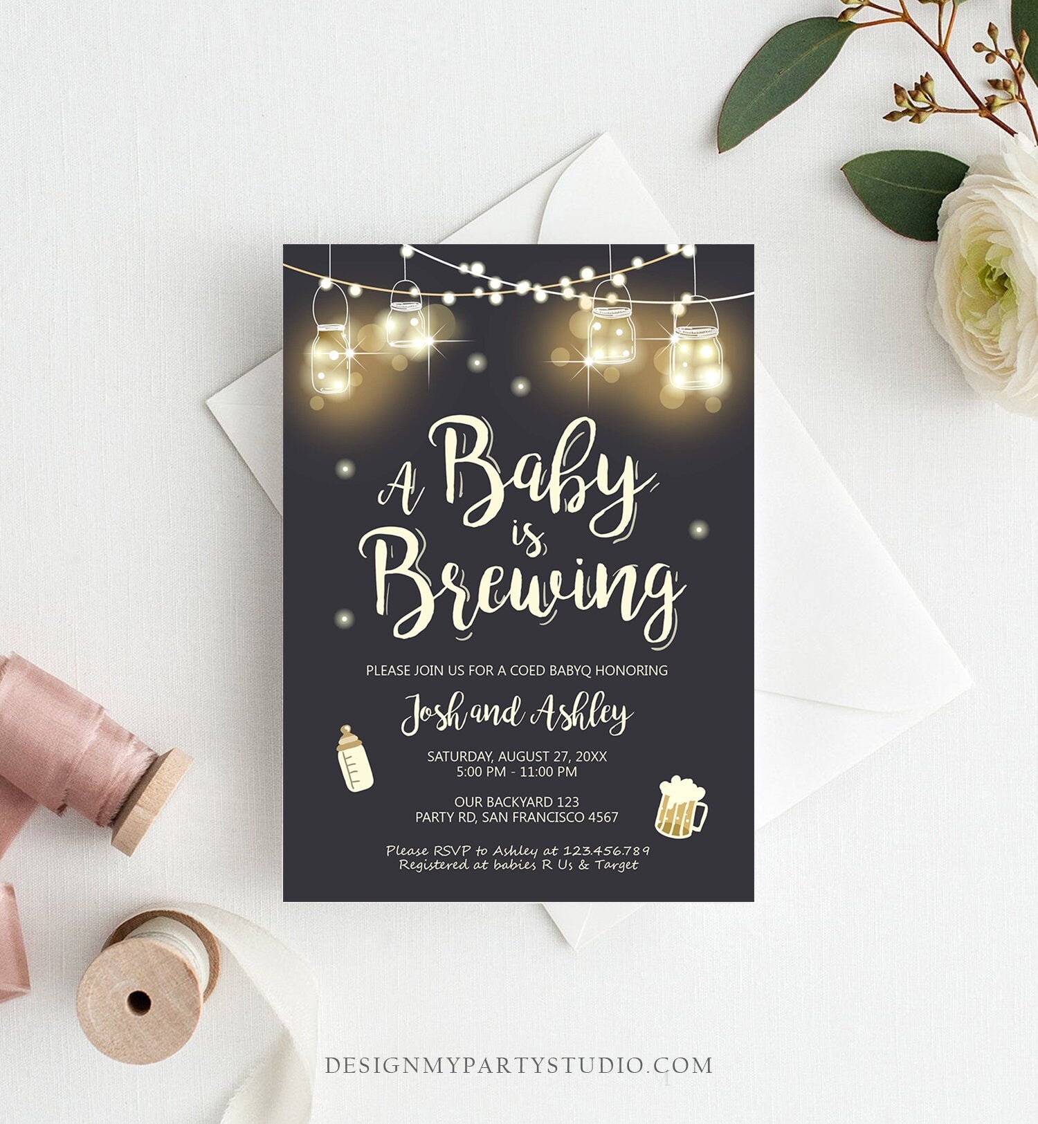 Editable A Baby is Brewing Invitation Bottle and Beers Baby Shower BaByQ BBQ Coed Couples Shower Download Printable Template Corjl 0024