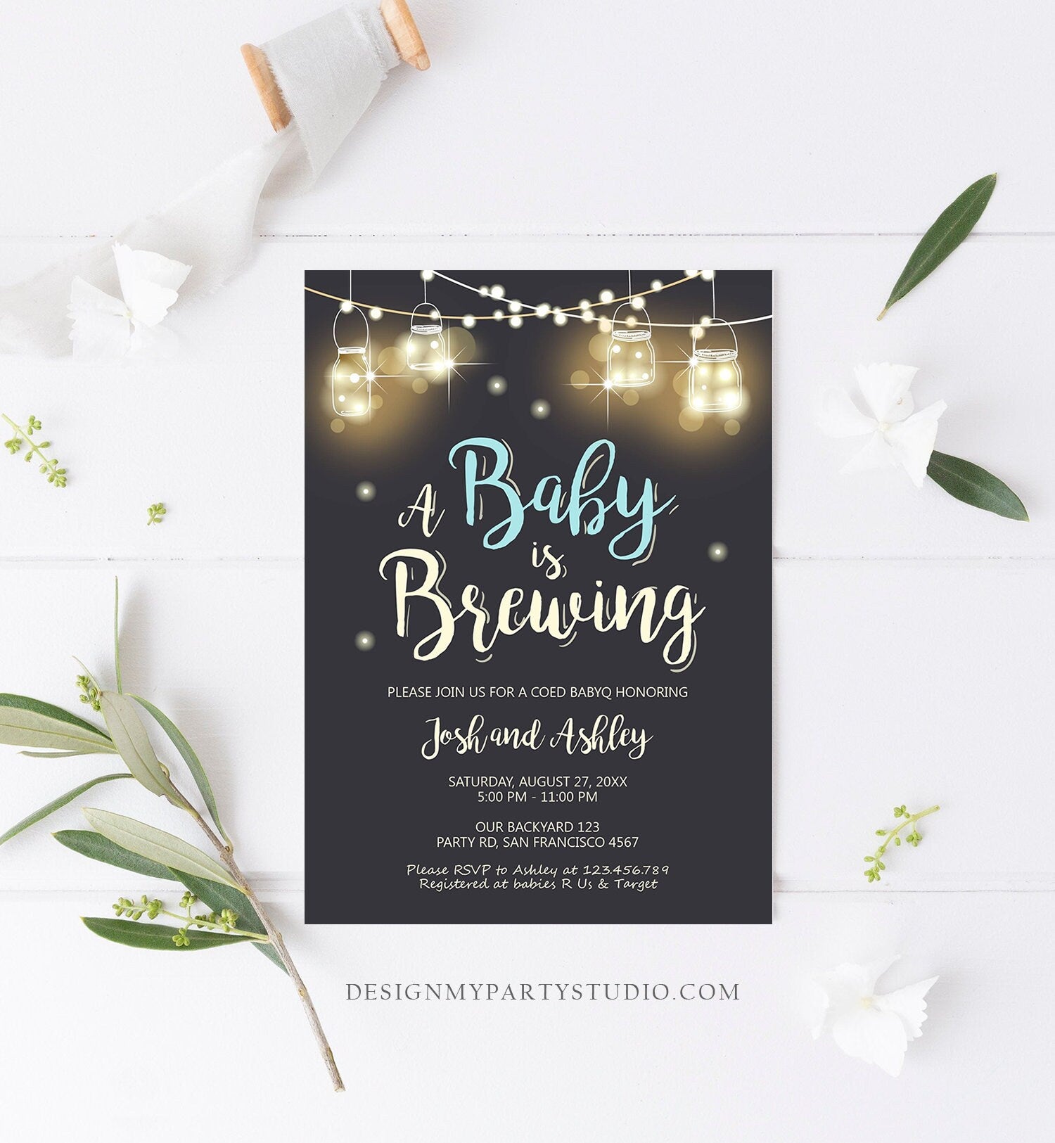 Editable A Baby is Brewing Invitation Bottle and Beers Baby Shower BaByQ BBQ Coed Couples Shower Boy Download Printable Template Corjl 0024
