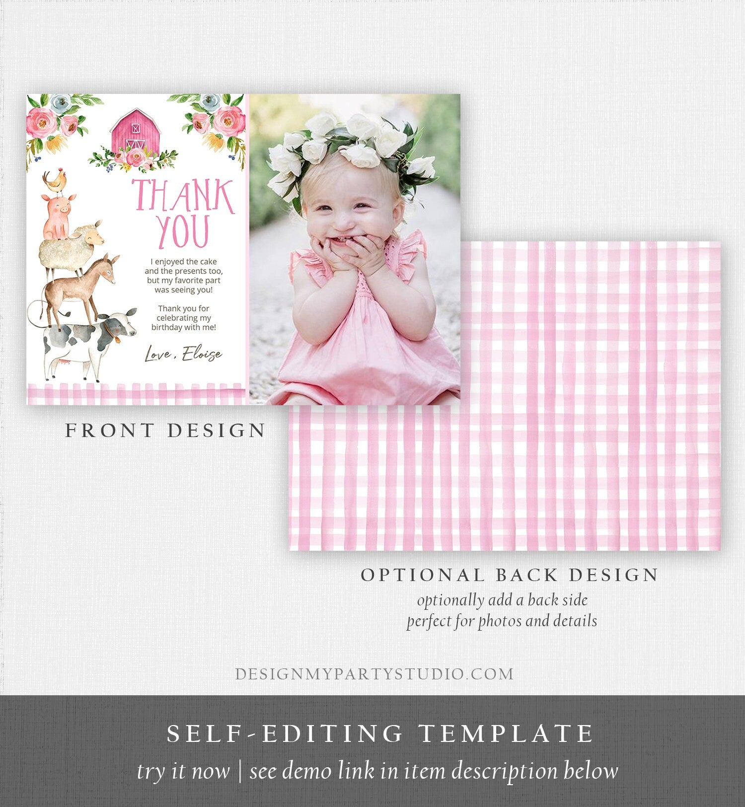 Editable Farm Animals Thank you Card Pink Farm Birthday Girl Barnyard Thank You Card Birthday Template Instant Download Corjl 0155