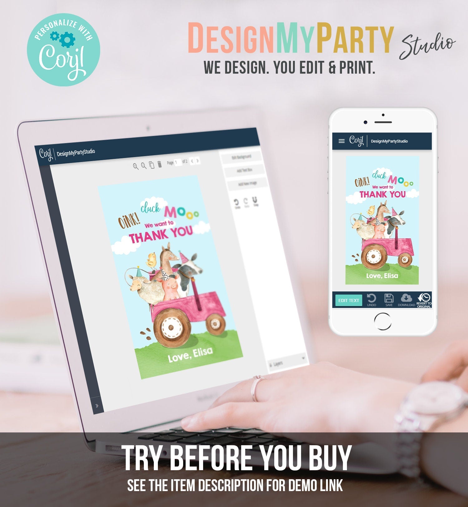 Editable Farm Favor Tags Tags Pink Farm Birthday Thank you tags Barnyard Gift Tags Pink Tractor Birthday Template PRINTABLE Corjl 0155