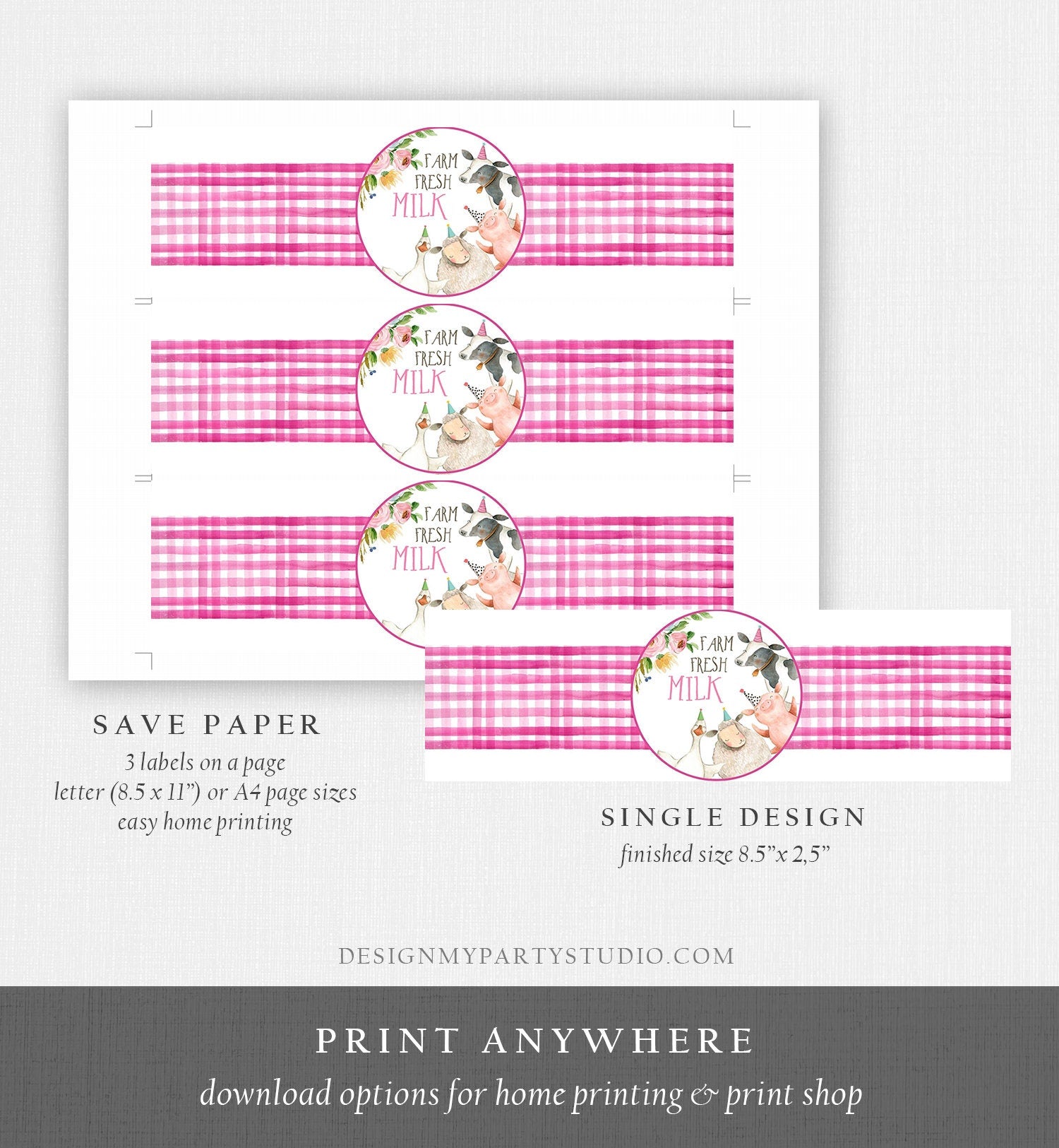 Editable Milk Bottle Labels Farm Animals Birthday Barnyard Pink Farm Girl Gingham Cow Pig Milk Jar Wrap Digital Template Printable 0155 160