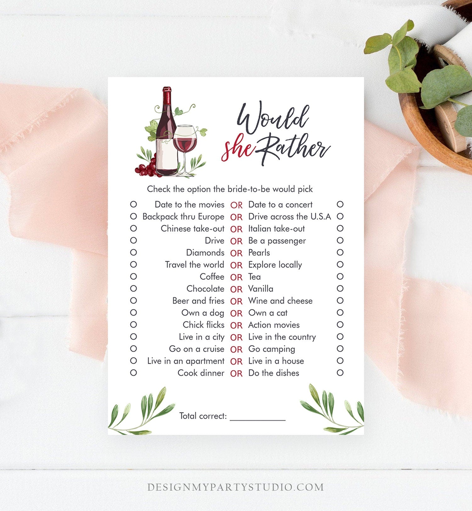 Editable Would She Rather Bridal Shower Game Wedding Shower Activity Wine Tasting Vineyard Game Download Corjl Template Printable 0234