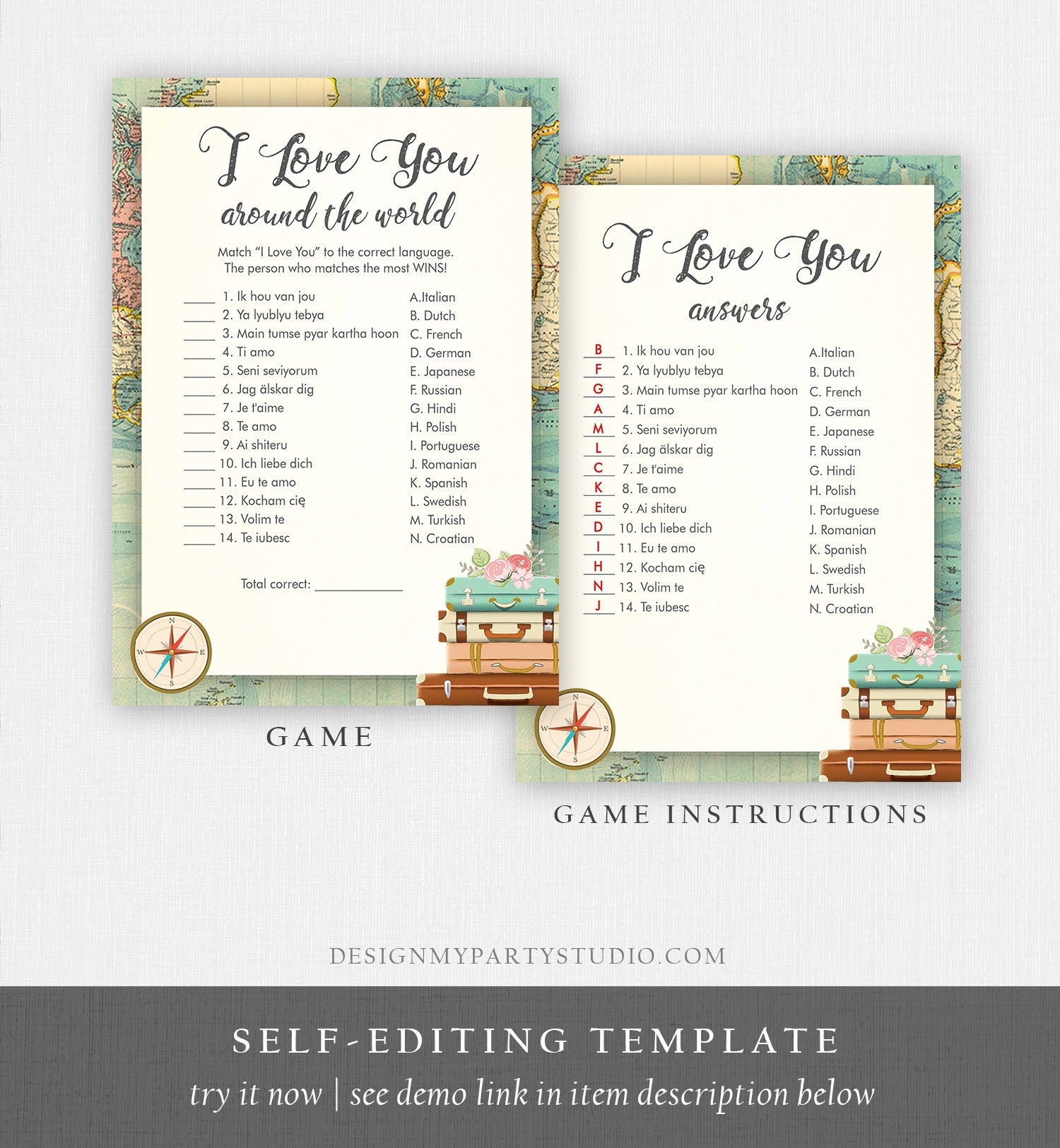 Editable I Love You Around the World Bridal Shower Game Travel Wedding Shower Activity Vintage Map Suitcases Corjl Template Printable 0044