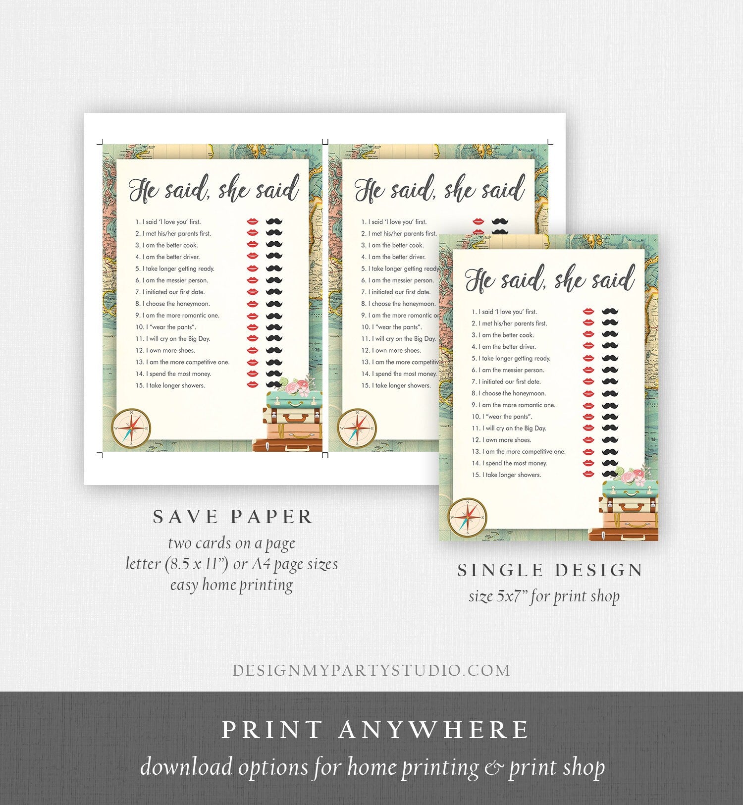 Editable He Said She Said Bridal Shower Game Travel Bride or Groom Wedding Shower Who Said it Game Adventure Digital Template Printable 0044