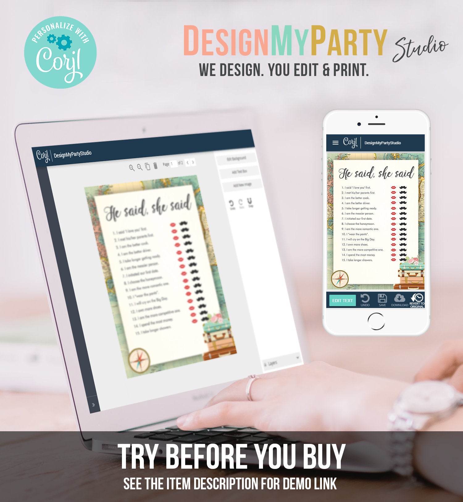 Editable He Said She Said Bridal Shower Game Travel Bride or Groom Wedding Shower Who Said it Game Adventure Digital Template Printable 0044