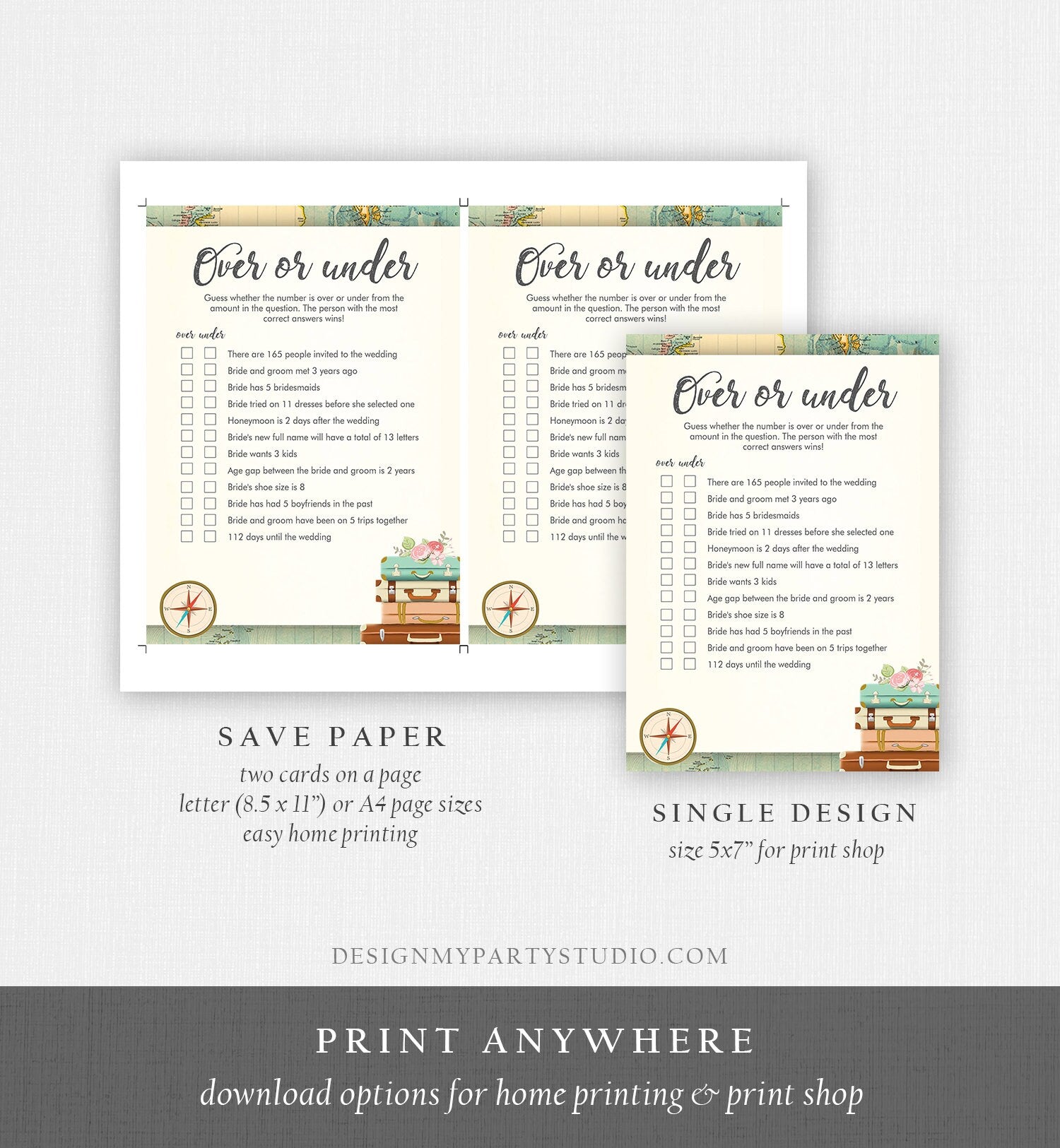 Editable Over or Under Bridal Shower Game Travel More or Less Guess Wedding Shower Activity Vintage Map Digital Template Printable 0044