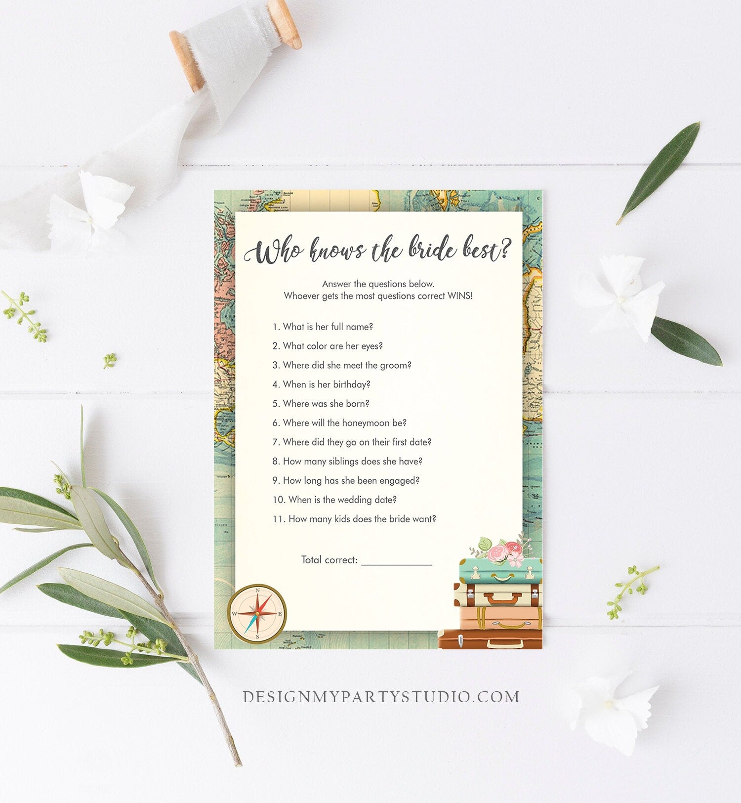 Editable Who Knows the Bride Best Bridal Shower Game Travel Wedding Shower Activity Rustic Vintage Map Party Corjl Template Printable 0044