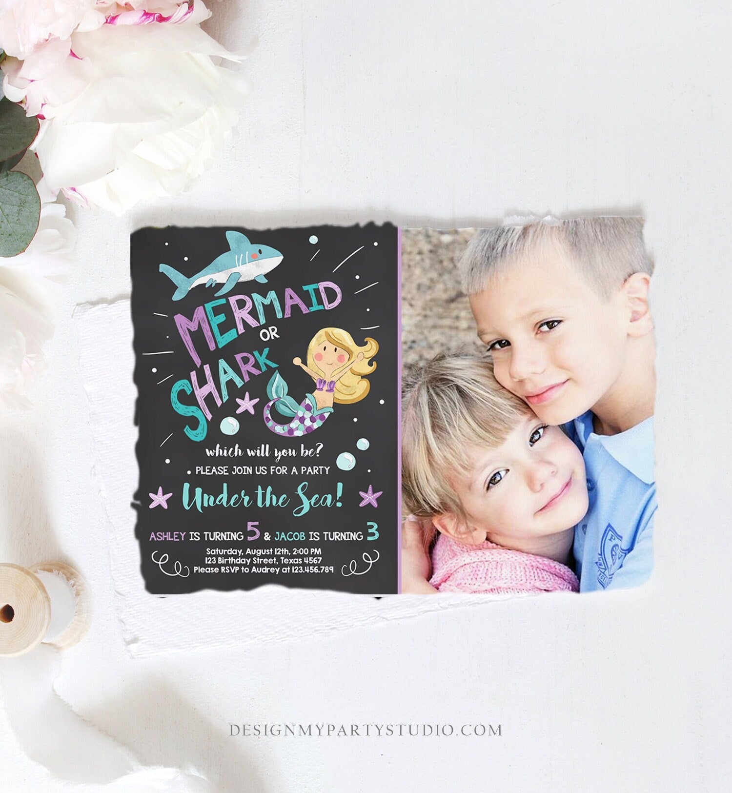 Editable Mermaid or Shark Birthday Invitation Under The Sea Party Coed Pool Party Brother Sister Photo Ocean Corjl Template Printable 0197