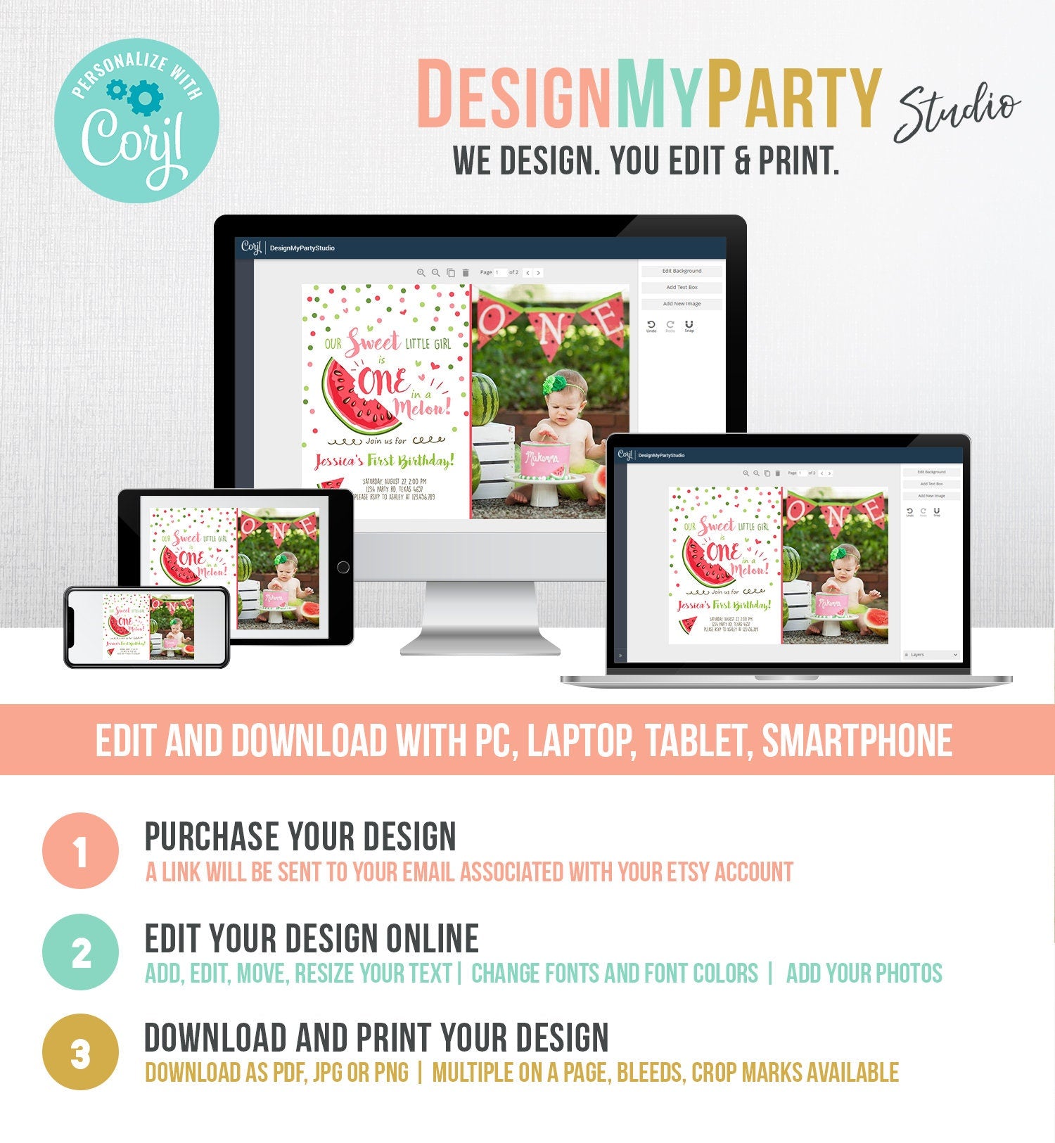 Editable Watermelon Birthday Invitation Girl Pink Red One in a Melon Party Summer Fruit First Birthday 1st Corjl Template Printable 0120