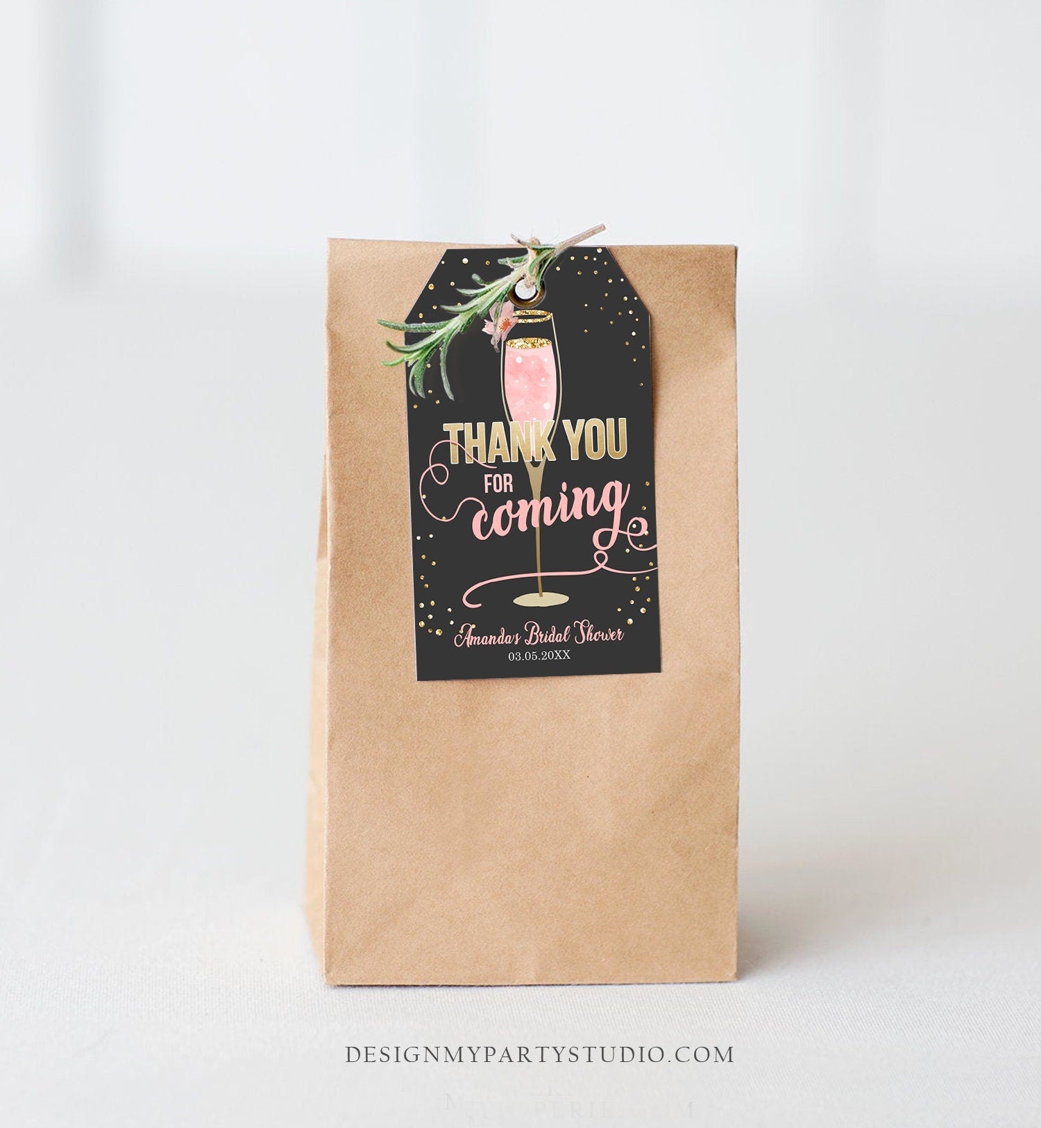 Editable Brunch and Bubbly Thank You Tags Bubbly Bridal Shower Favor Tags Pink Gold Chalk Floral Printable Tag Corjl Template Printable 0150