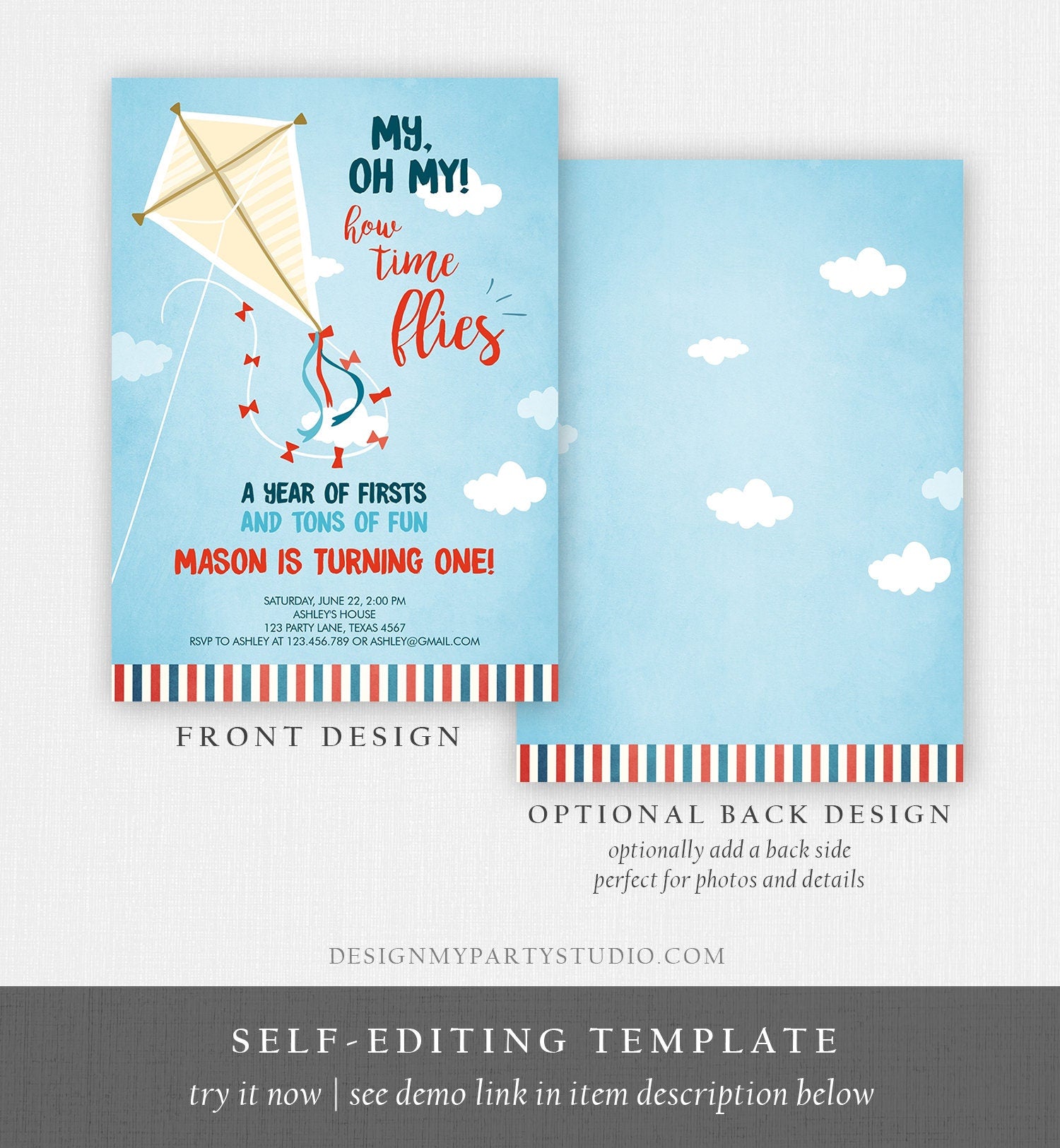 Editable Kite Birthday Invitation Oh My Time Flies First Birthday Boy 1st Birthday Summer Download Printable Digital EviteTemplate 0316