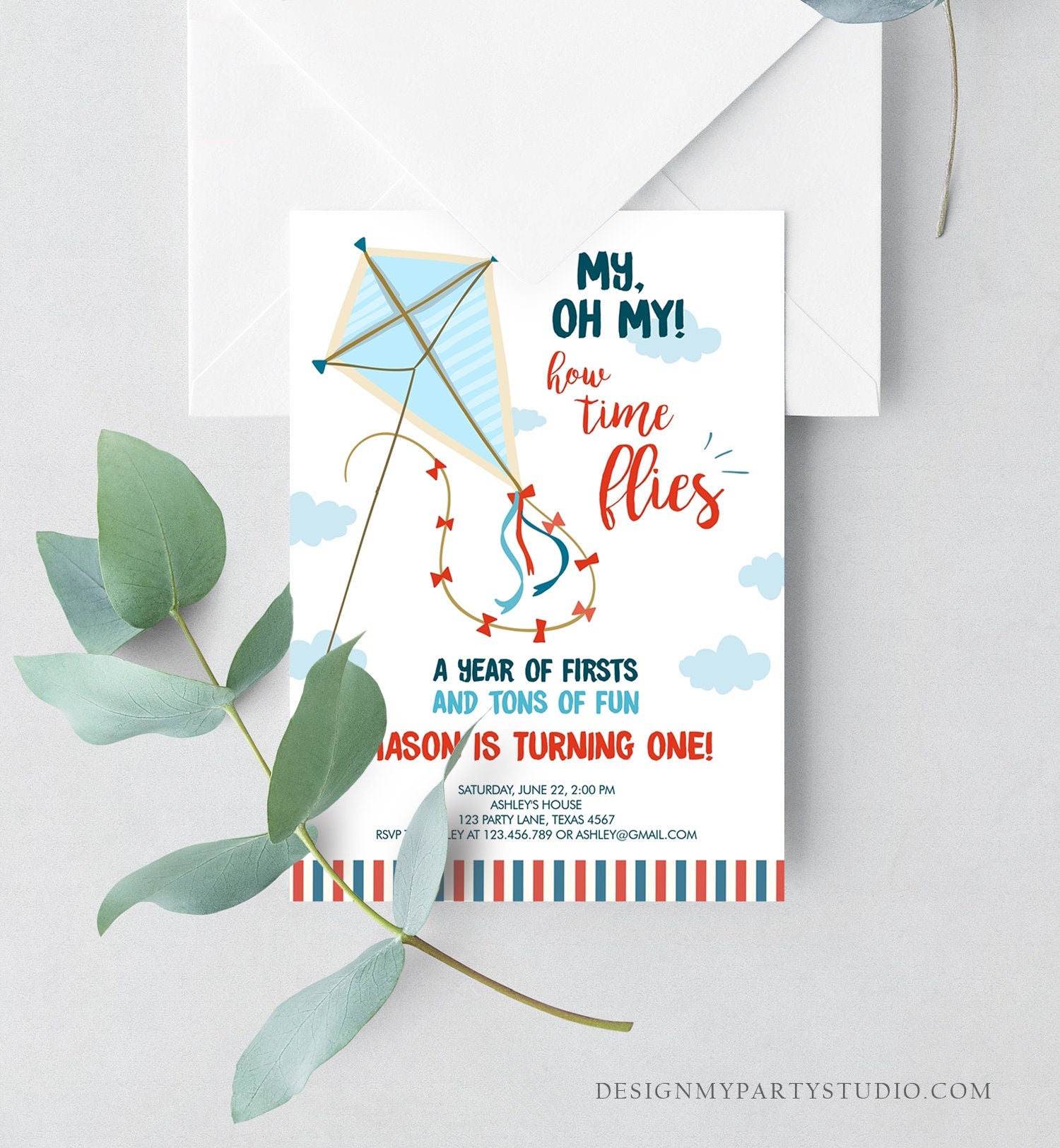 Editable Kite Birthday Invitation Oh My Time Flies First Birthday Boy Park Birthday Invite Summer Download Printable Corjl Template 0316