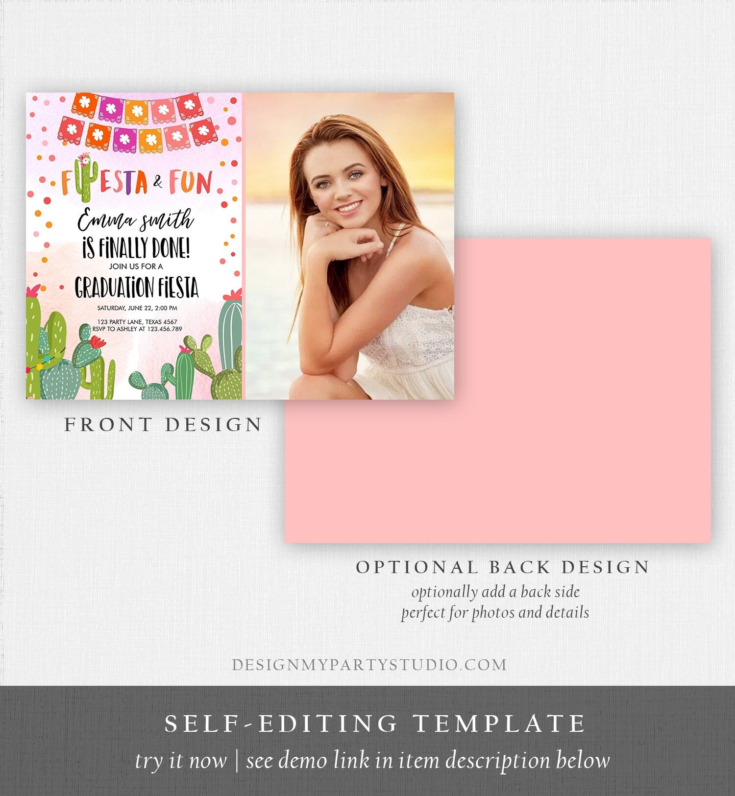 Editable Fiesta and Fun Graduation Party Invitation Finally Done Let's Fiesta Mexican Cactus Pink Girl Template Download Digital Corjl 0135