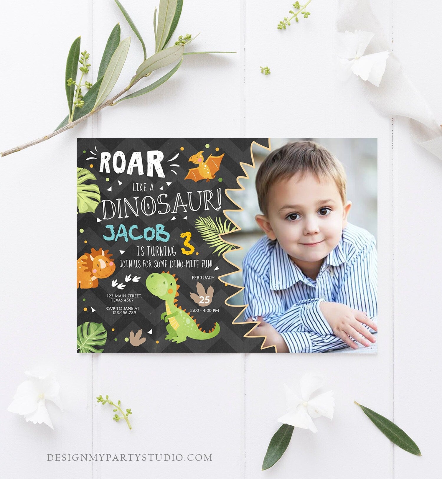 Editable Dinosaur Birthday Invitation Dino Dig Party Prehistoric Boy T-Rex Roar Fossil Party Digital Download Printable Template Corjl 0283