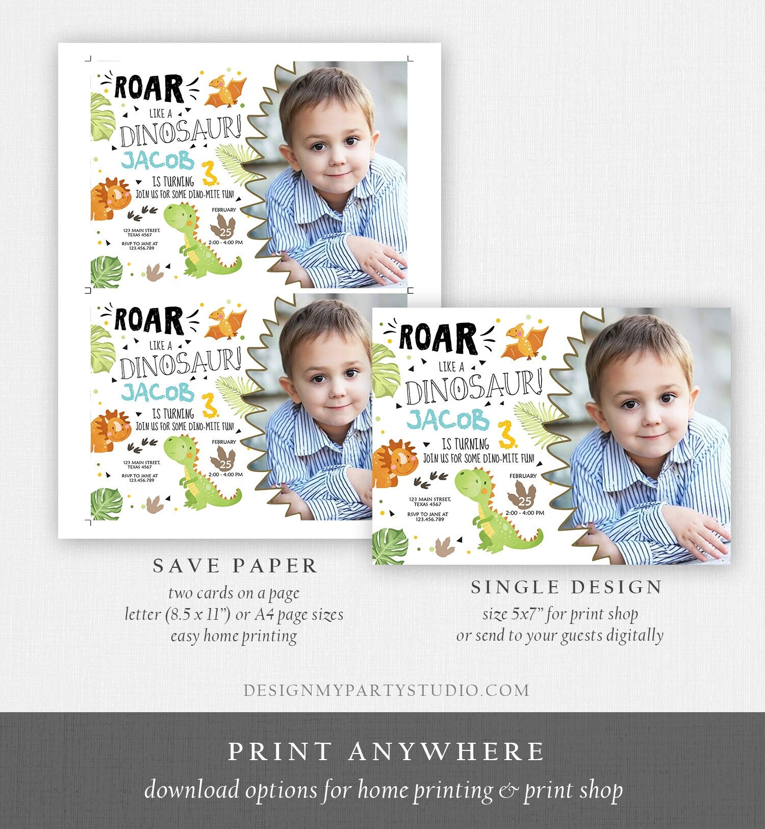Editable Dinosaur Birthday Invitation Dino Dig Party Prehistoric Boy T-Rex Roar Fossil Party Digital Download Printable Template Corjl 0283
