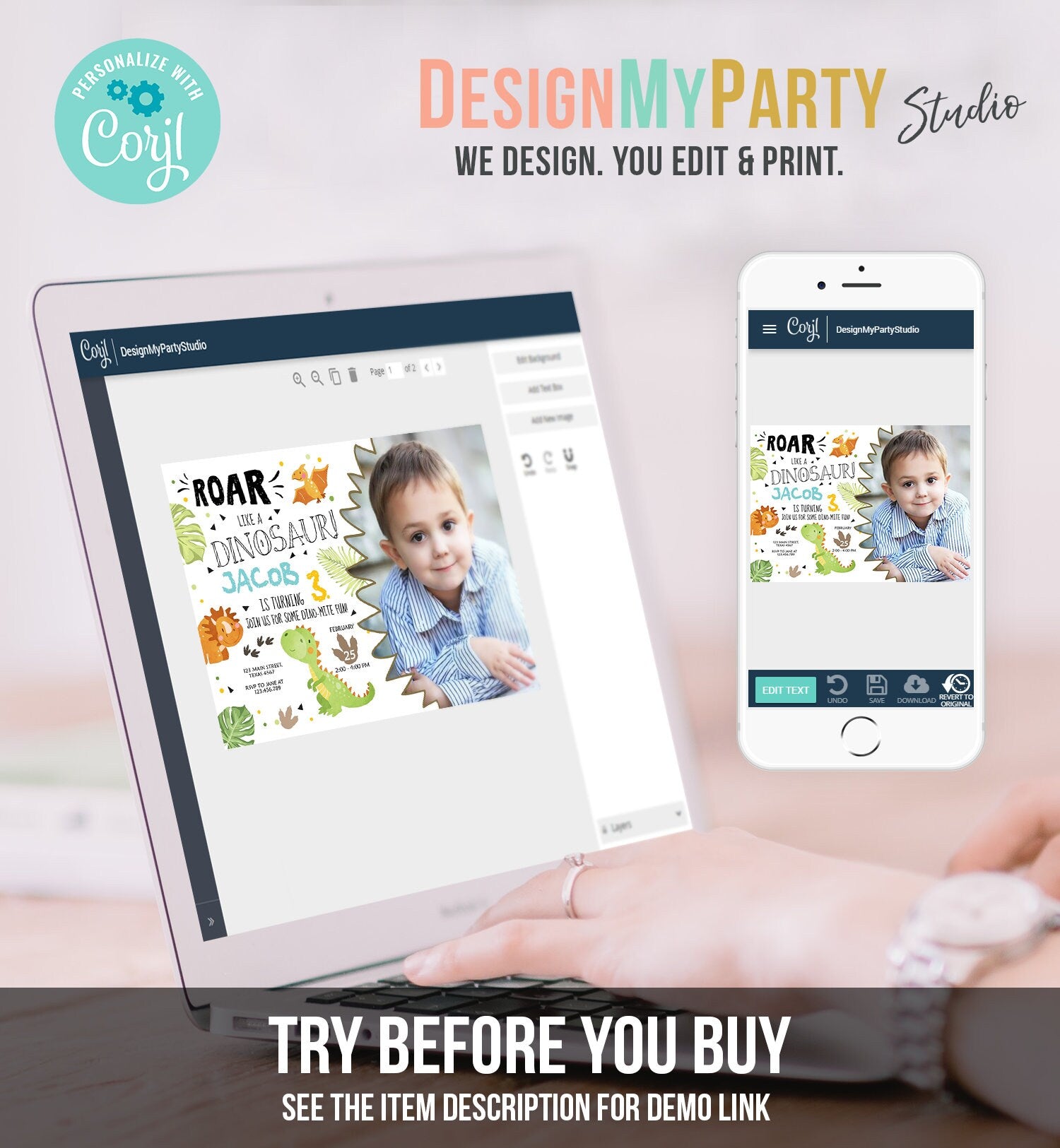 Editable Dinosaur Birthday Invitation Dino Dig Party Prehistoric Boy T-Rex Roar Fossil Party Digital Download Printable Template Corjl 0283