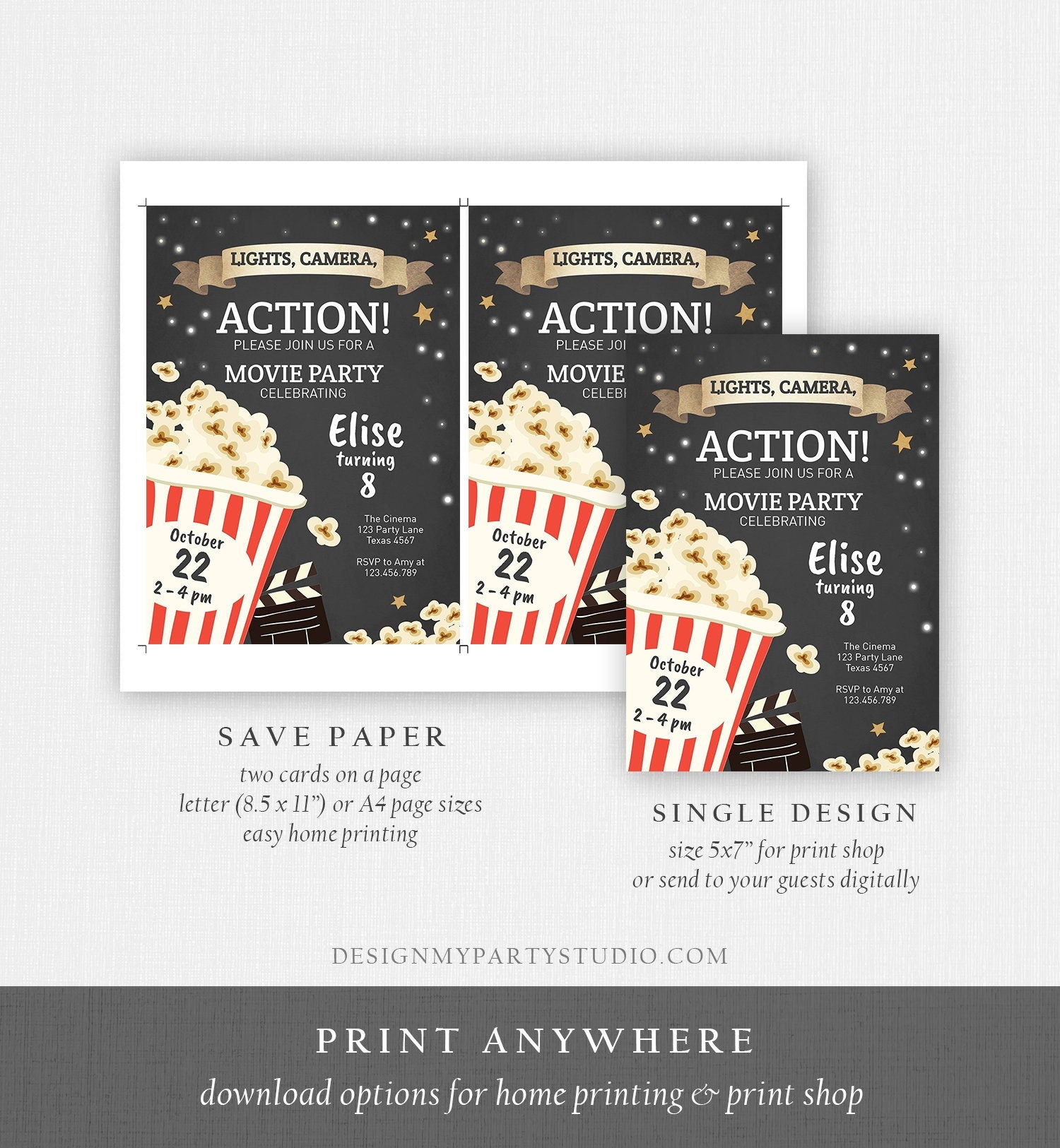 Editable Movie Night Birthday Invitation Boy Girl Movie Invite Cinema Party Backyard Movie Popcorn Digital Download Template Printable 0182