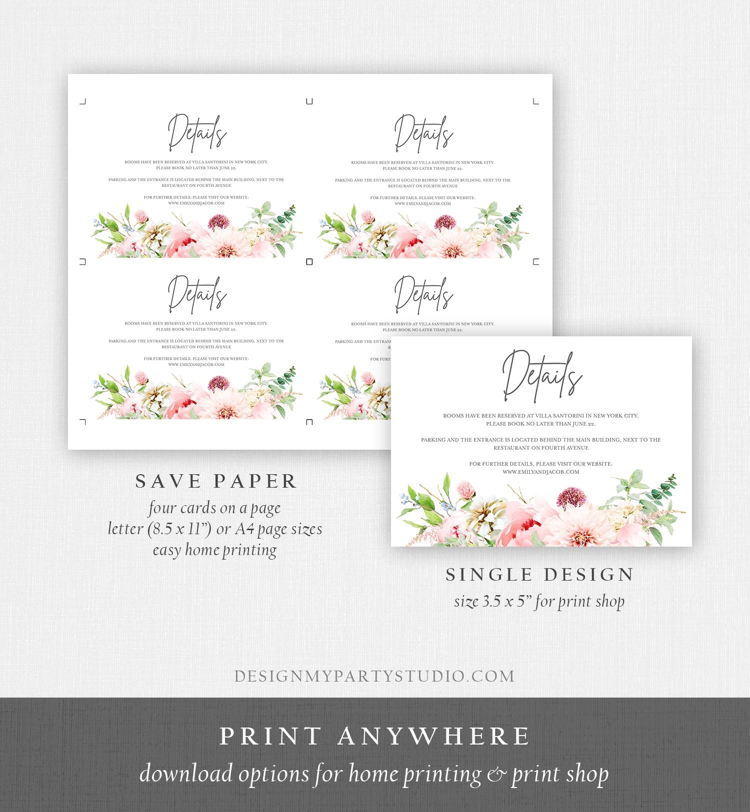 Editable Botanical Flowers Wedding Invitation Suite Set Watercolor Peony Pink Floral RSVP Details Boho Digital Corjl Template Printable 0167