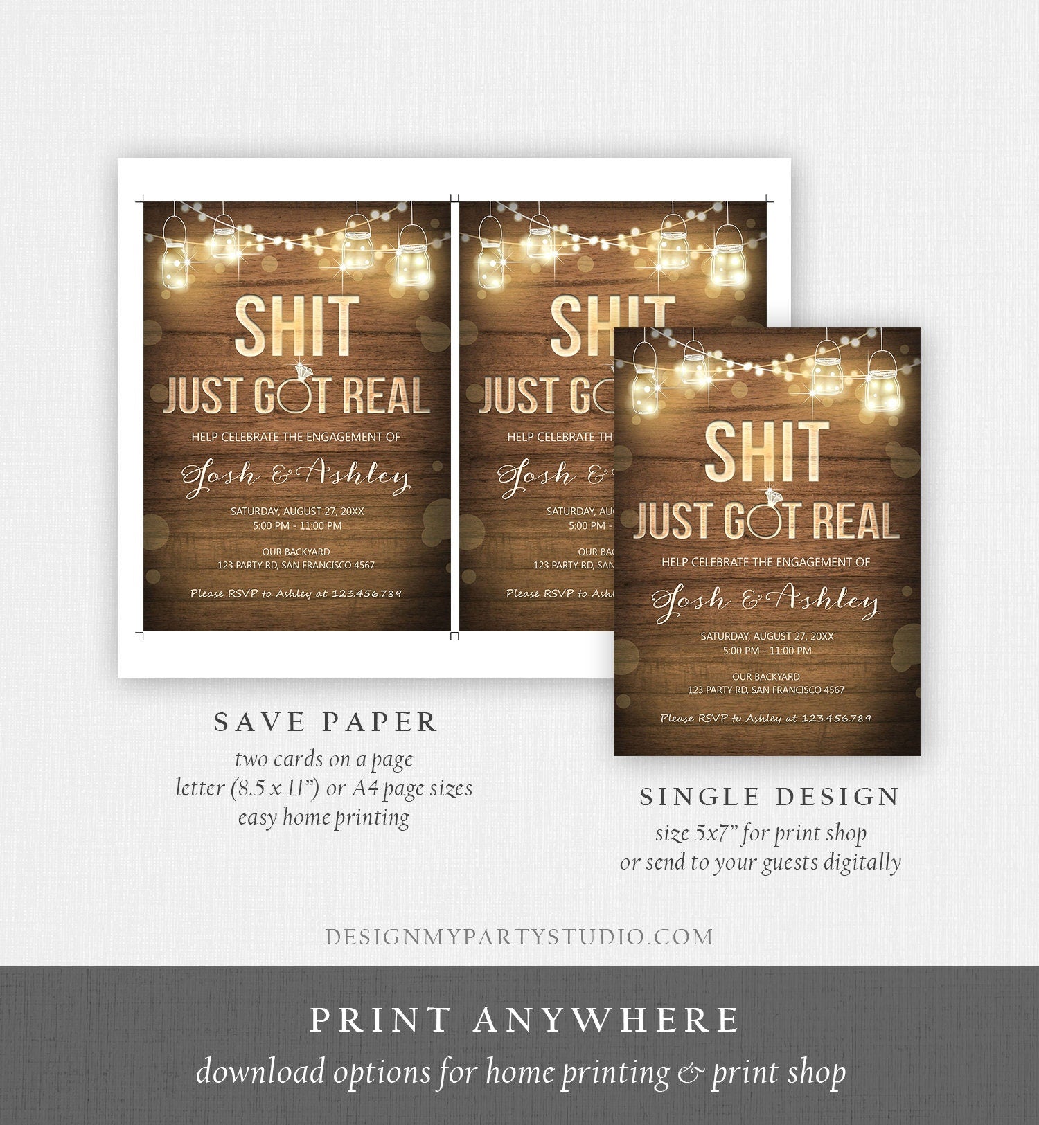 Editable Just Got Real Engagement Party Invitation Couples Shower Rustic Wood String Lights Instant Download Corjl Template Printable 0015