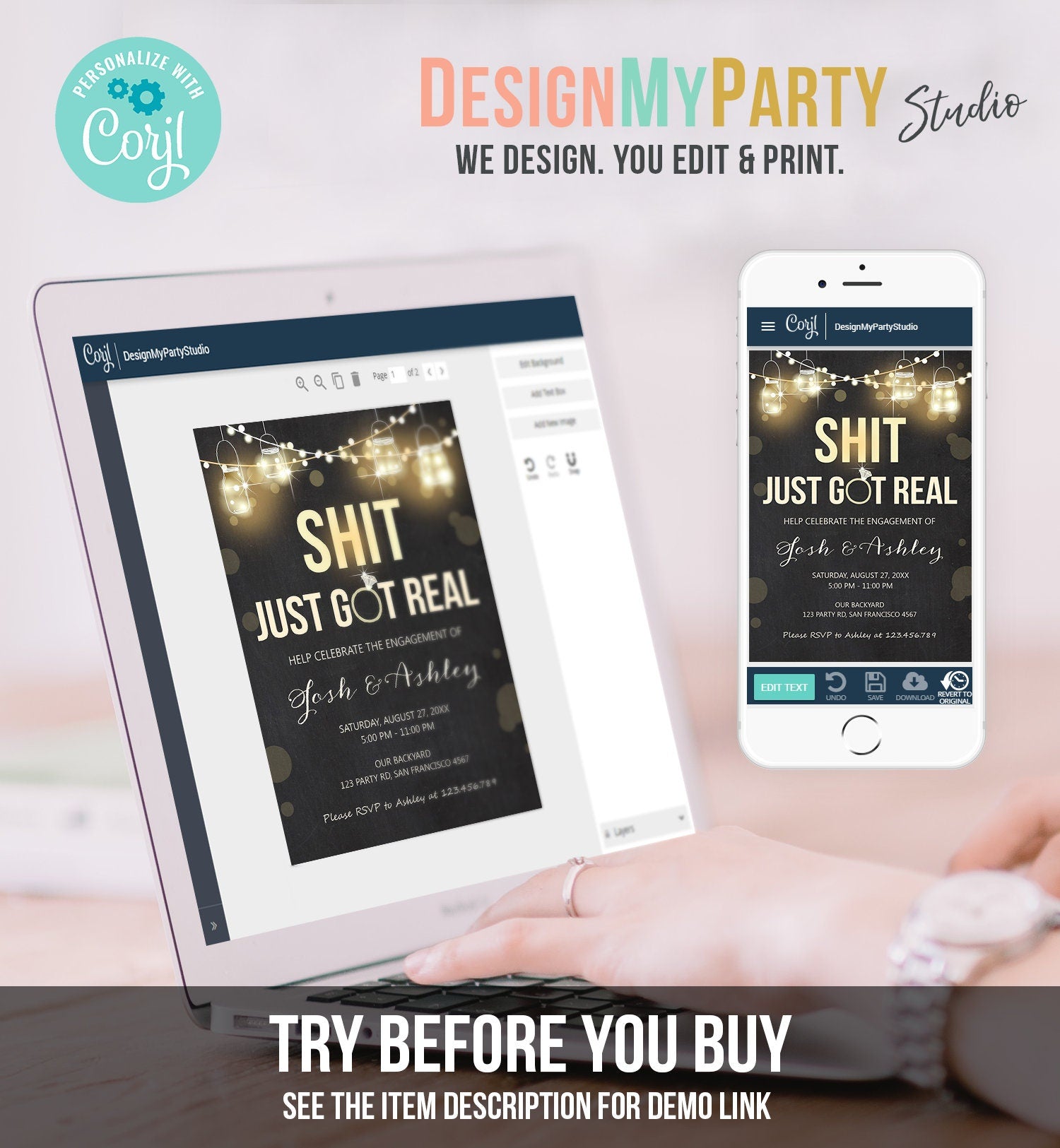 Editable Just Got Real Engagement Party Invitation Couples Shower Rustic Wood String Lights Chalk Download Corjl Template Printable 0015