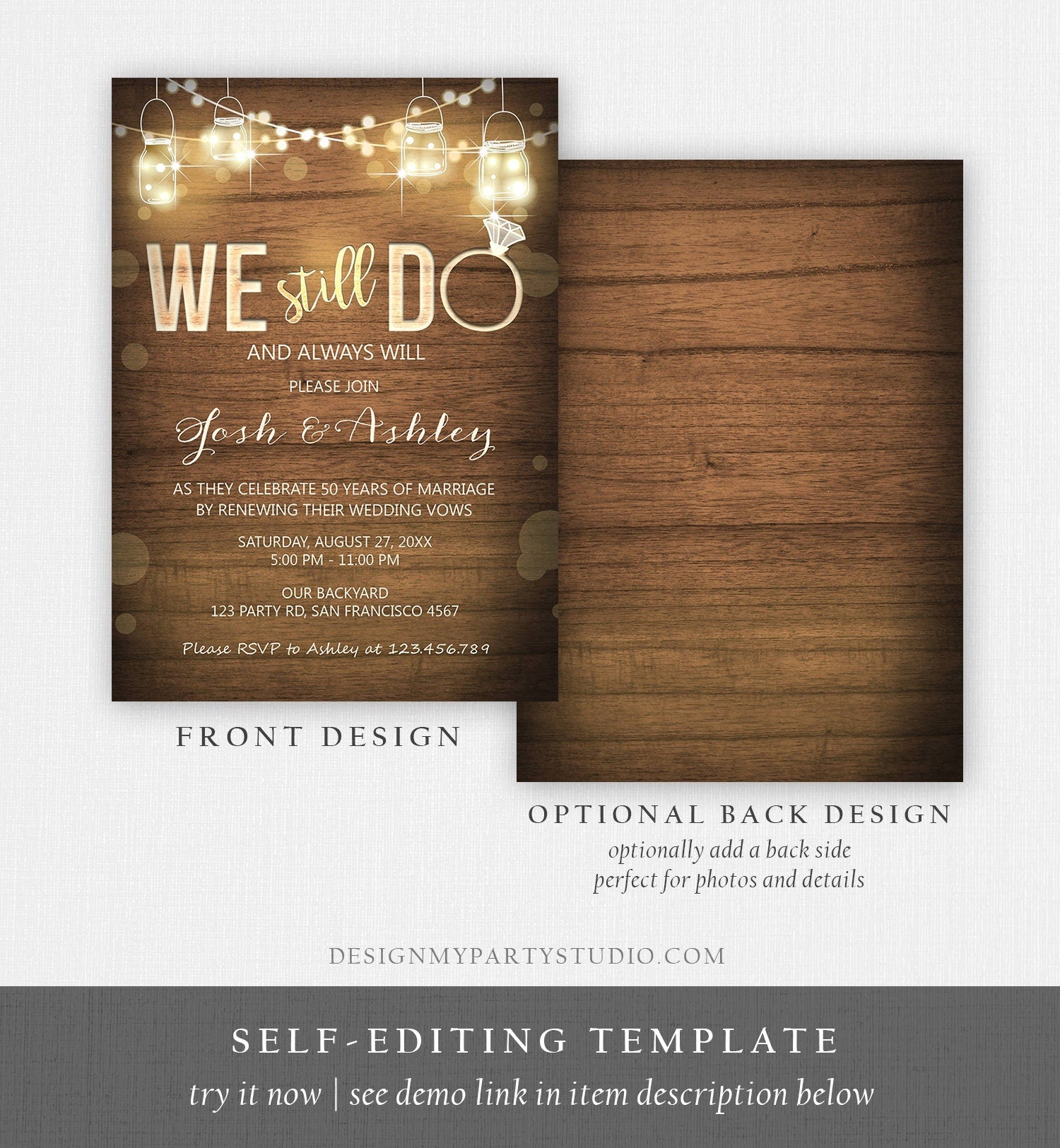 Editable We Still Do Wedding Anniversary Invitation Rustic Wood String Lights Jars Digital Digital Download Evite Template Printable 0015