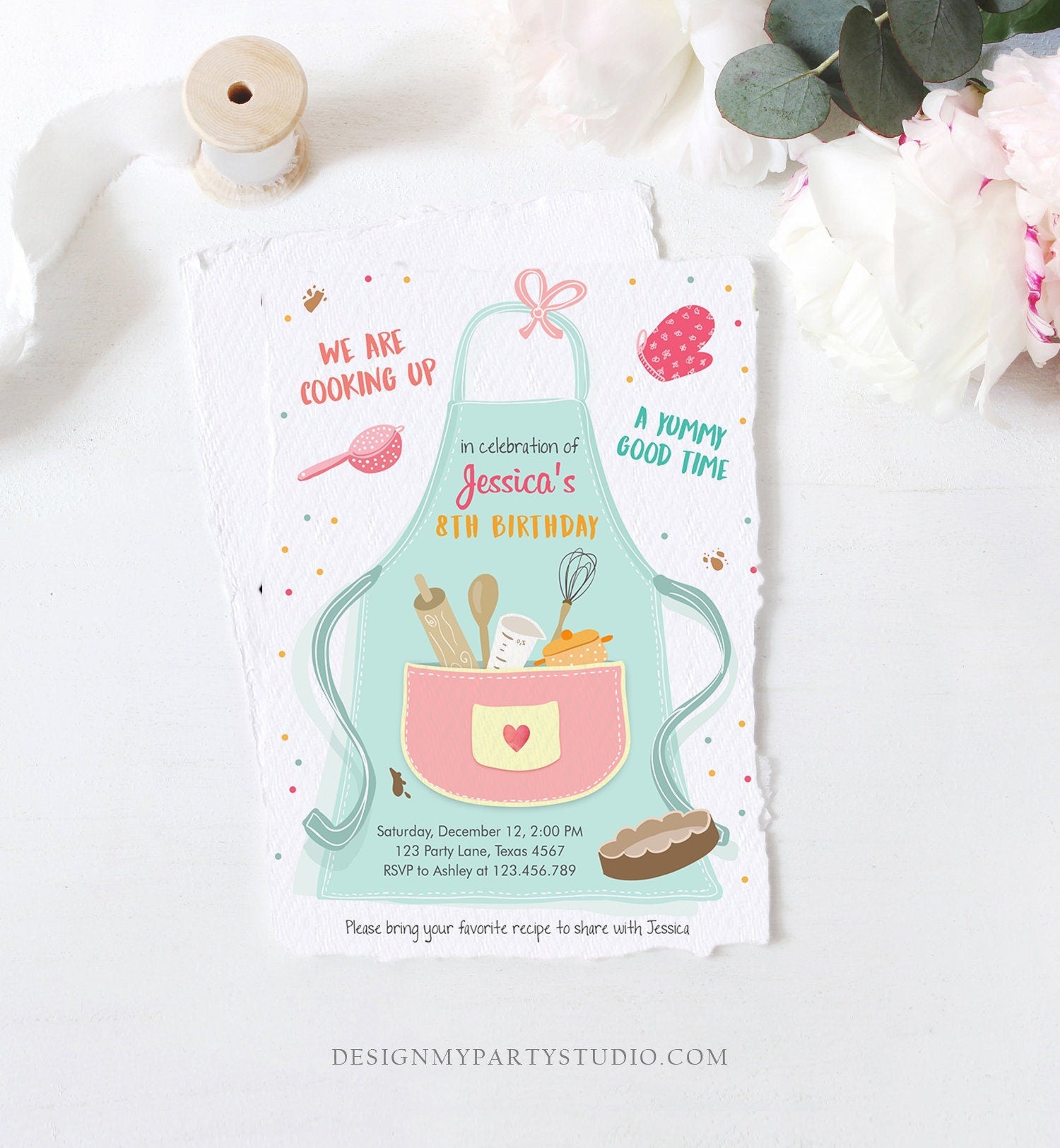 Editable Kids Kitchen Cooking Birthday Invitation Pink Girl Chef Baking Party Cakes Pies Cupcakes Download Printable Corjl Template 0219