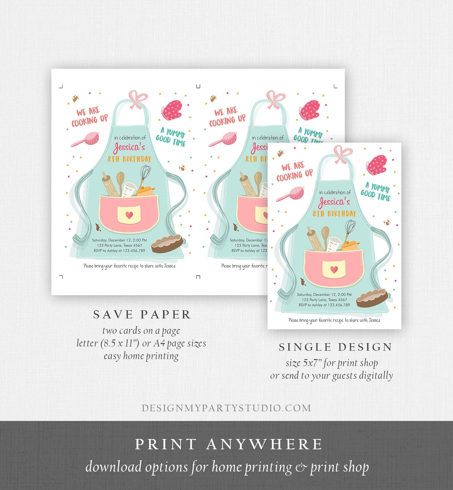 Editable Kids Kitchen Cooking Birthday Invitation Pink Girl Chef Baking Party Cakes Pies Cupcakes Download Printable Corjl Template 0219