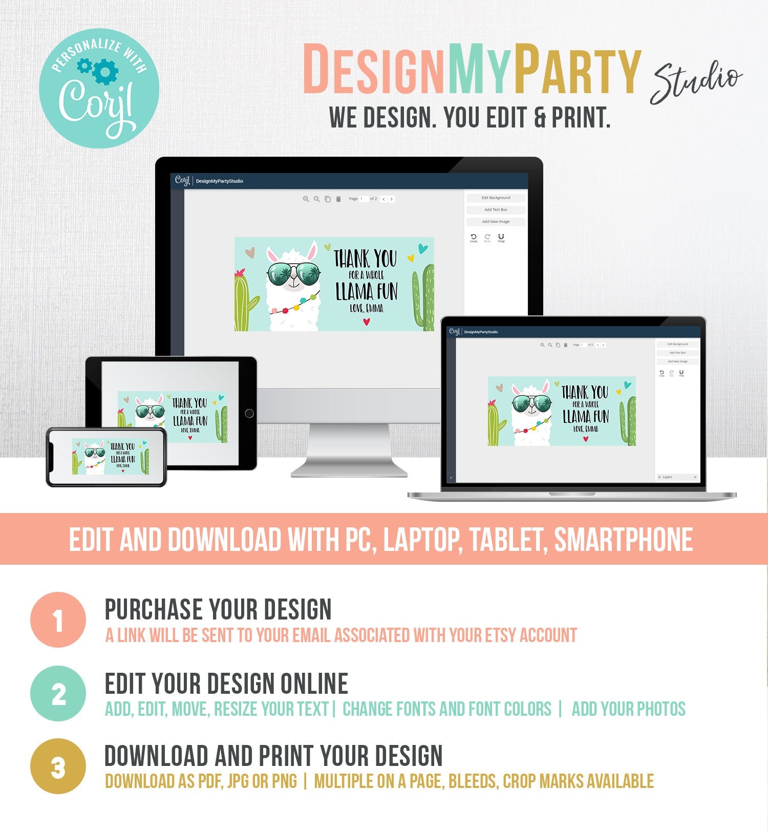 Editable Llama Treat Bag Toppers Llama Birthday Thank you Blue Whole Llama Fun Loot Bag Topper Favor Fiesta Template PRINTABLE Corjl 0079