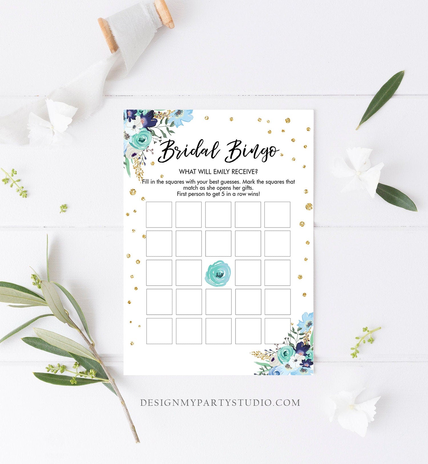 Editable Bingo Bridal Shower Game Wedding Shower Activity Floral Blue Gold Confetti Travel Flowers Digital Download Template Printable 0030