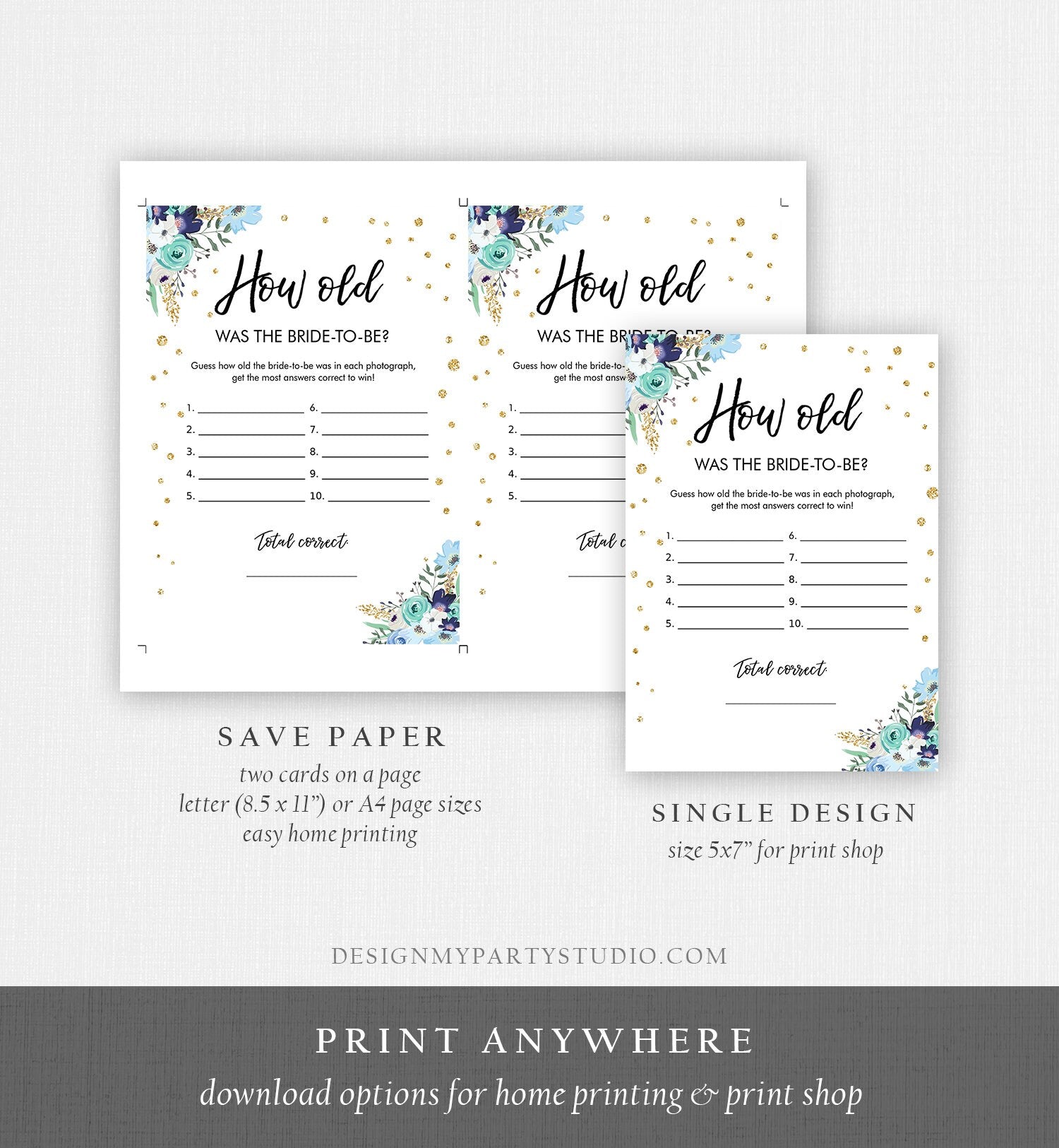 Editable How Old Was The Bride-to-Be Bridal Shower Game Wedding Shower Activity Floral Blue Gold Confetti Corjl Template Printable 0030