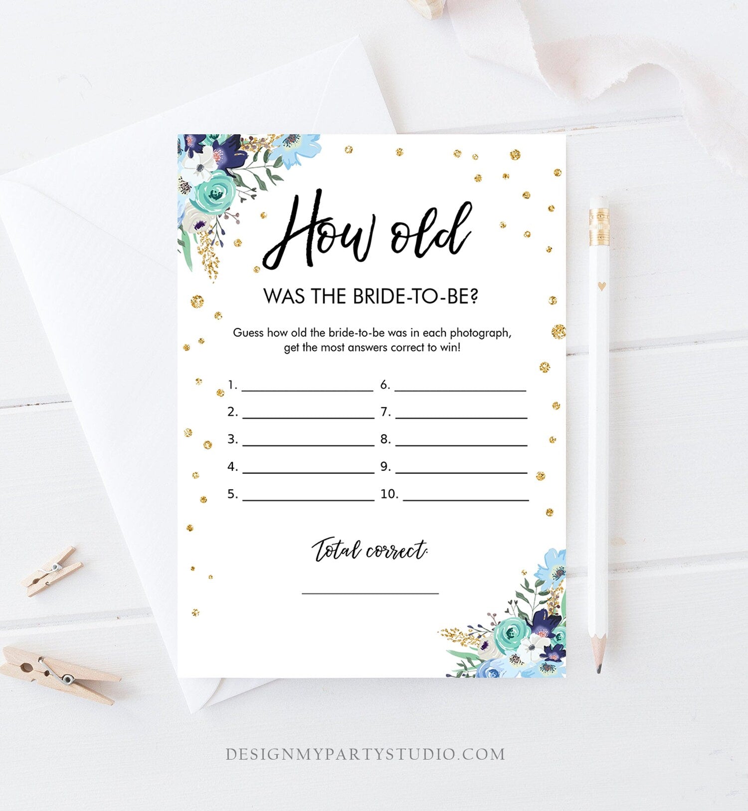 Editable How Old Was The Bride-to-Be Bridal Shower Game Wedding Shower Activity Floral Blue Gold Confetti Corjl Template Printable 0030