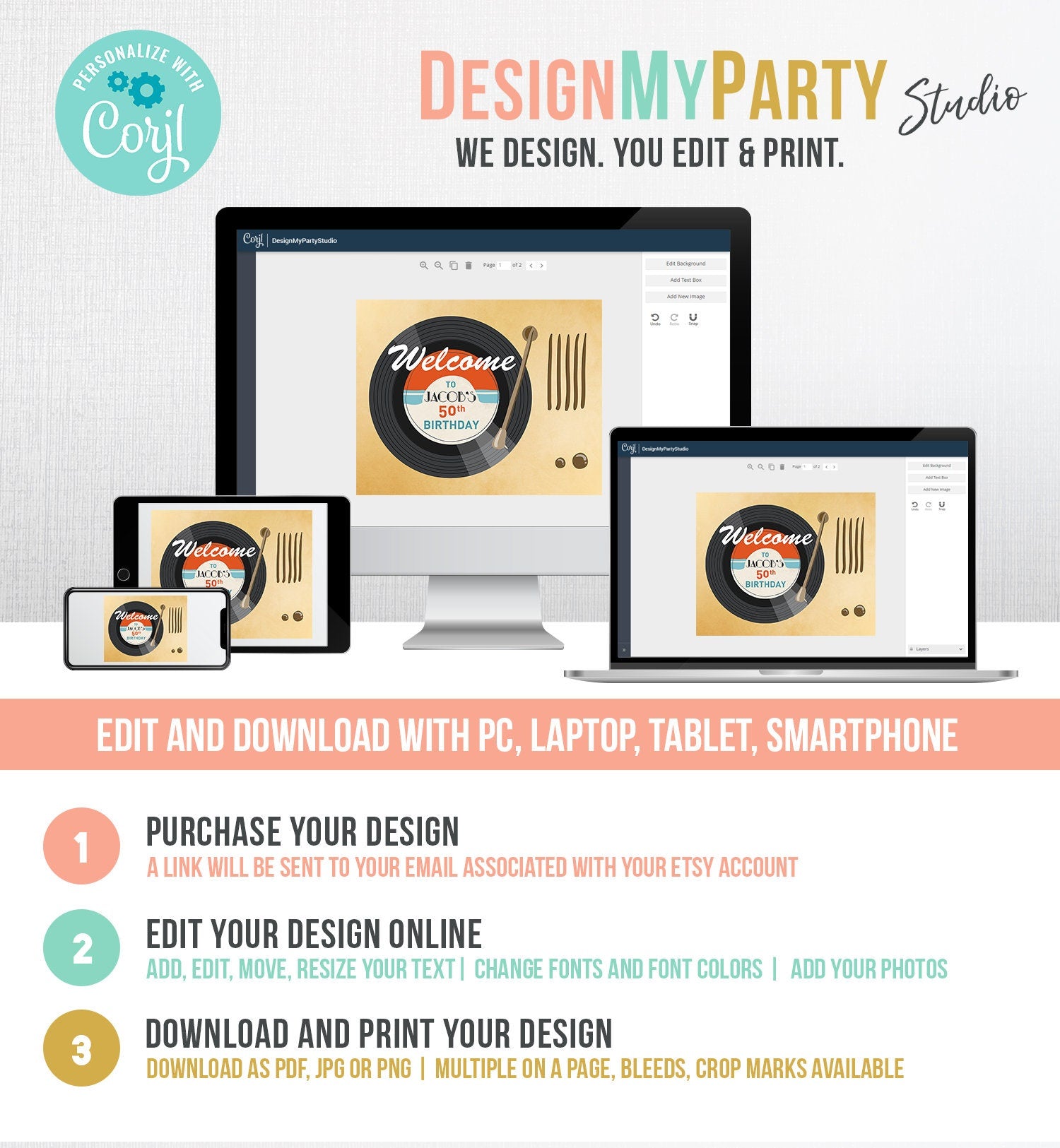 Editable Welcome Sign Vintage Vinyl Birthday Party Adult Birthday Decor Man Woman Oldies Disco Dancing Party Template PRINTABLE Corjl 0294