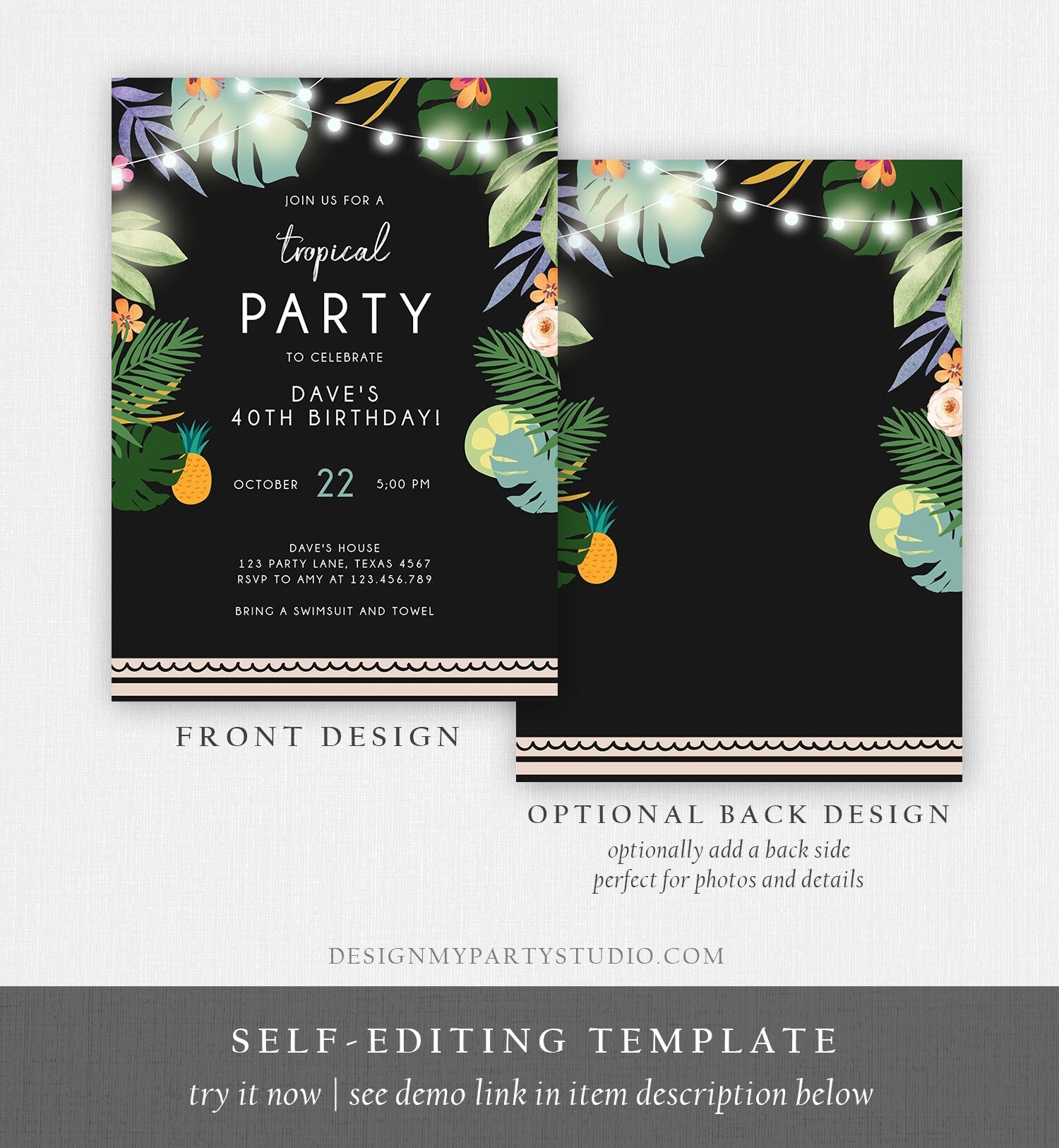 Editable Tropical Birthday Invitation Tropical Party Adult Birthday Man Woman Palm Leaves Hawaiian Download Template Corjl Printable 0183