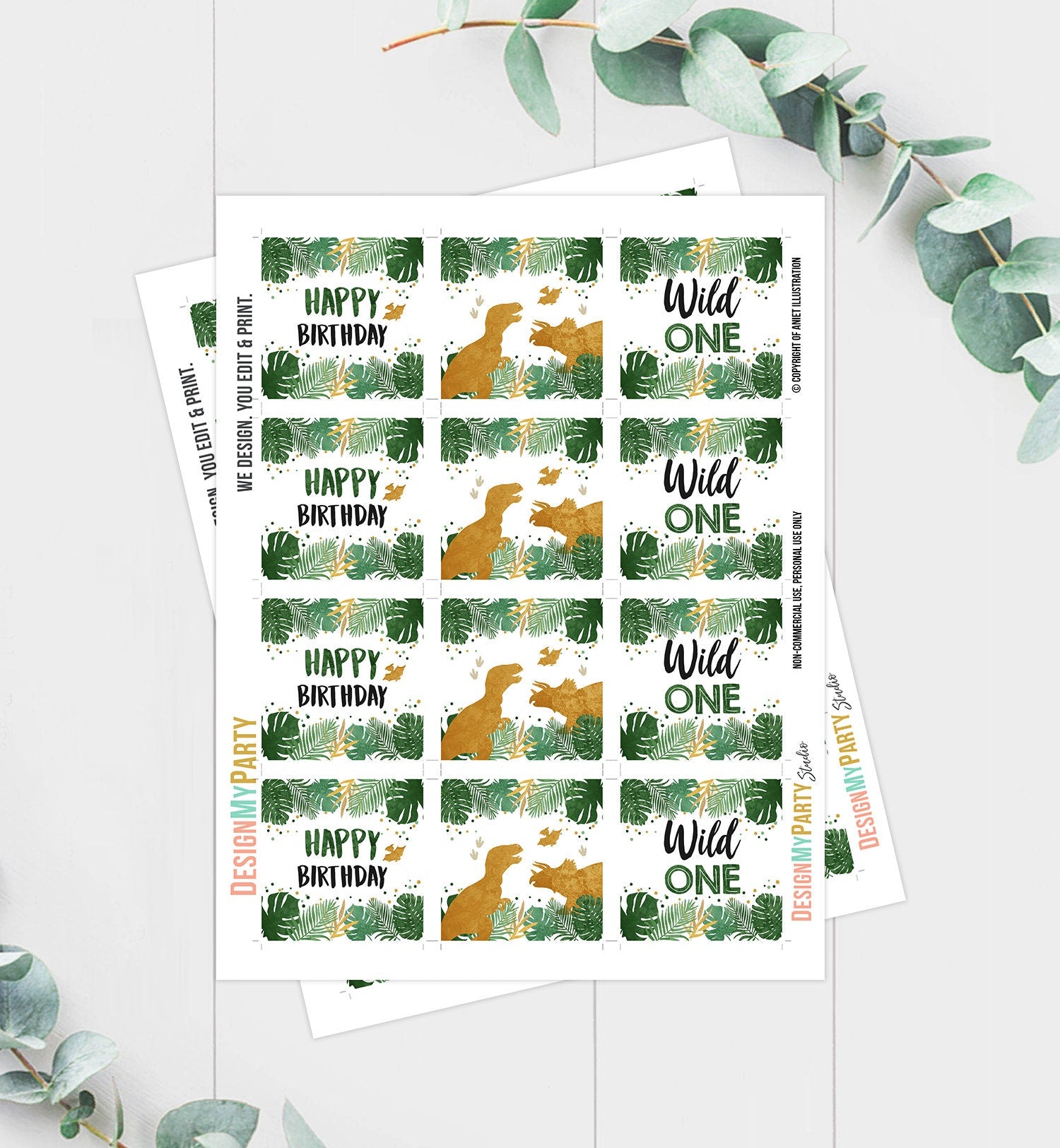 Dinosaur Cupcake Toppers Dino Favor Tags Dinosaur Birthday Party 1st Decor T-Rex Boy Wild One Stickers Green Gold Download Printable 0146