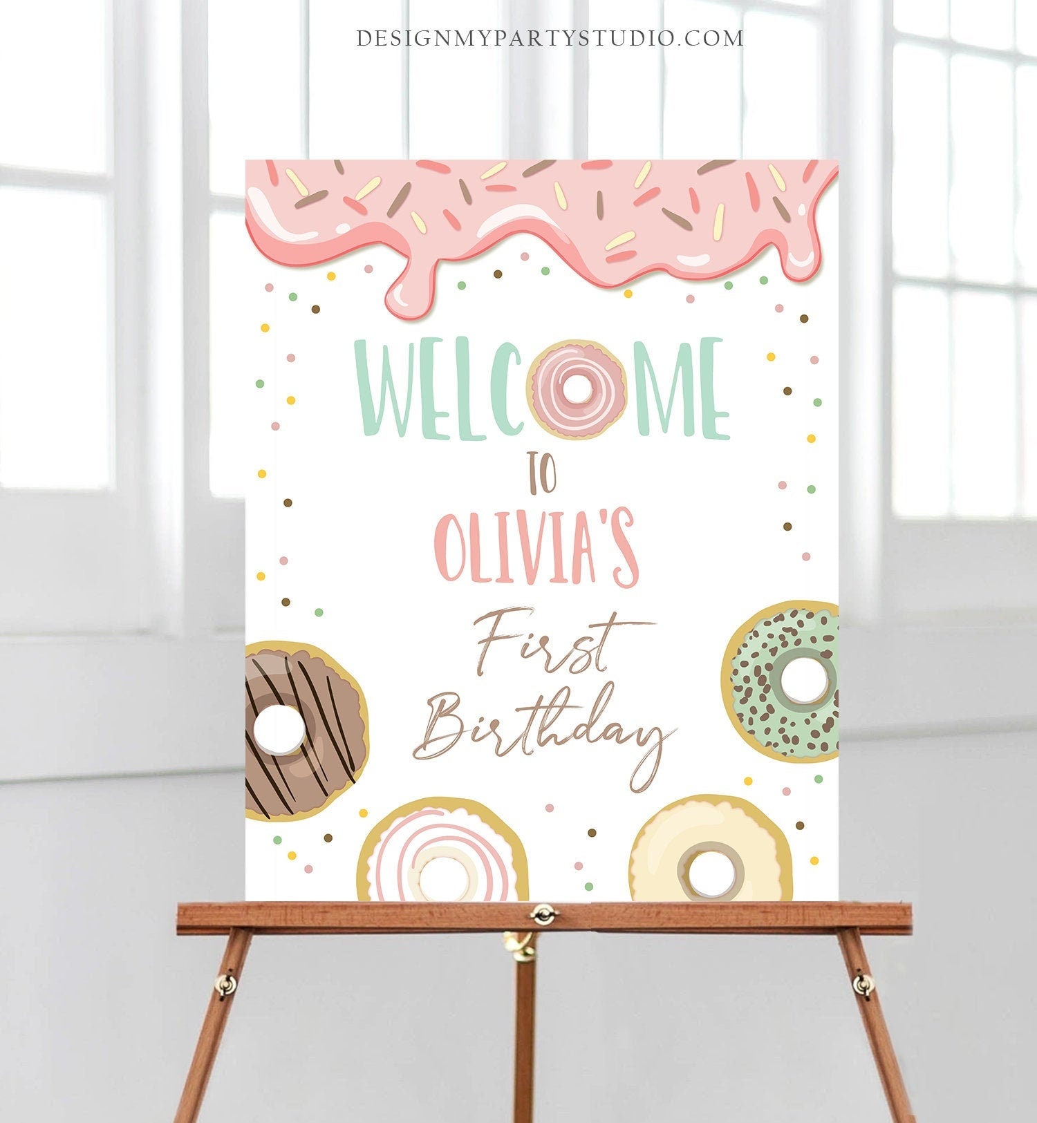 Editable Donut Welcome Sign Donut Birthday Party Pink Girl Two Sweet Decor Pastel Shower Table Sign Download Corjl Template Printable 0320