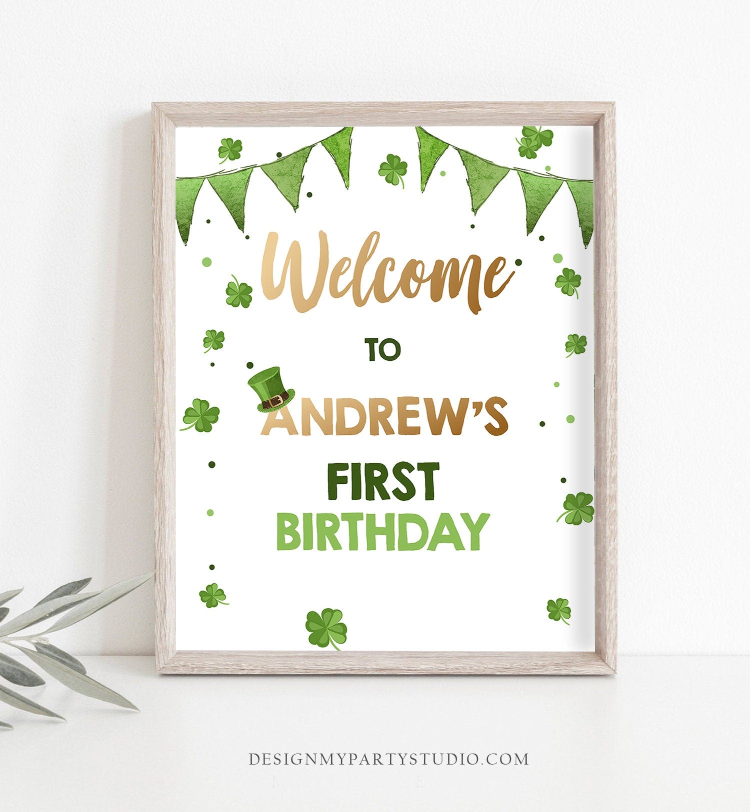 Editable St. Patrick's Day Welcome Sign Boy Green Gold Lucky 1st Birthday Shamrock St Patricks Day Digital Download Template Printable 0115