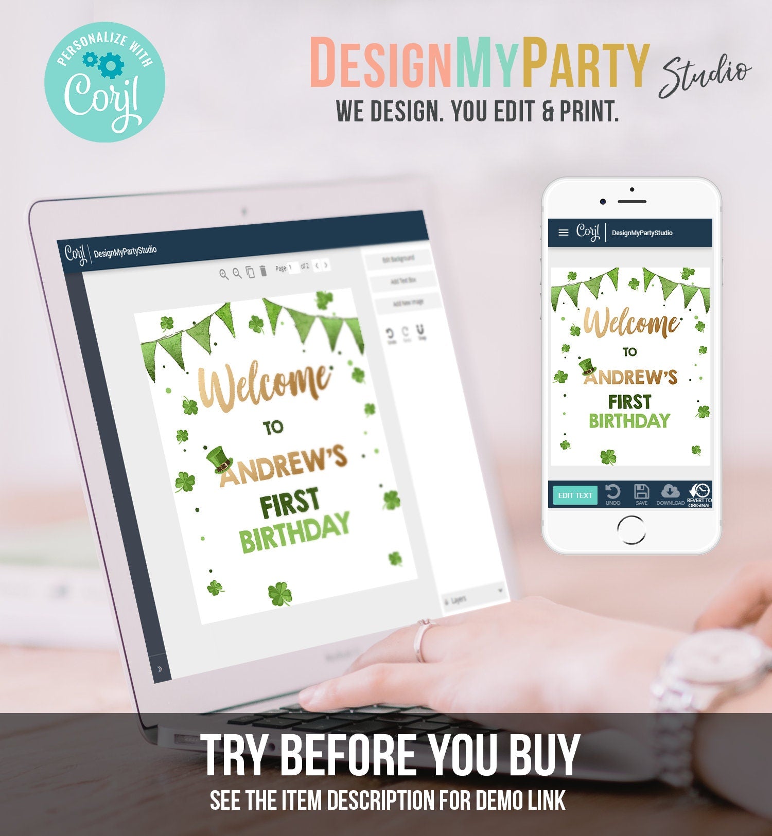 Editable St. Patrick's Day Welcome Sign Boy Green Gold Lucky 1st Birthday Shamrock St Patricks Day Digital Download Template Printable 0115