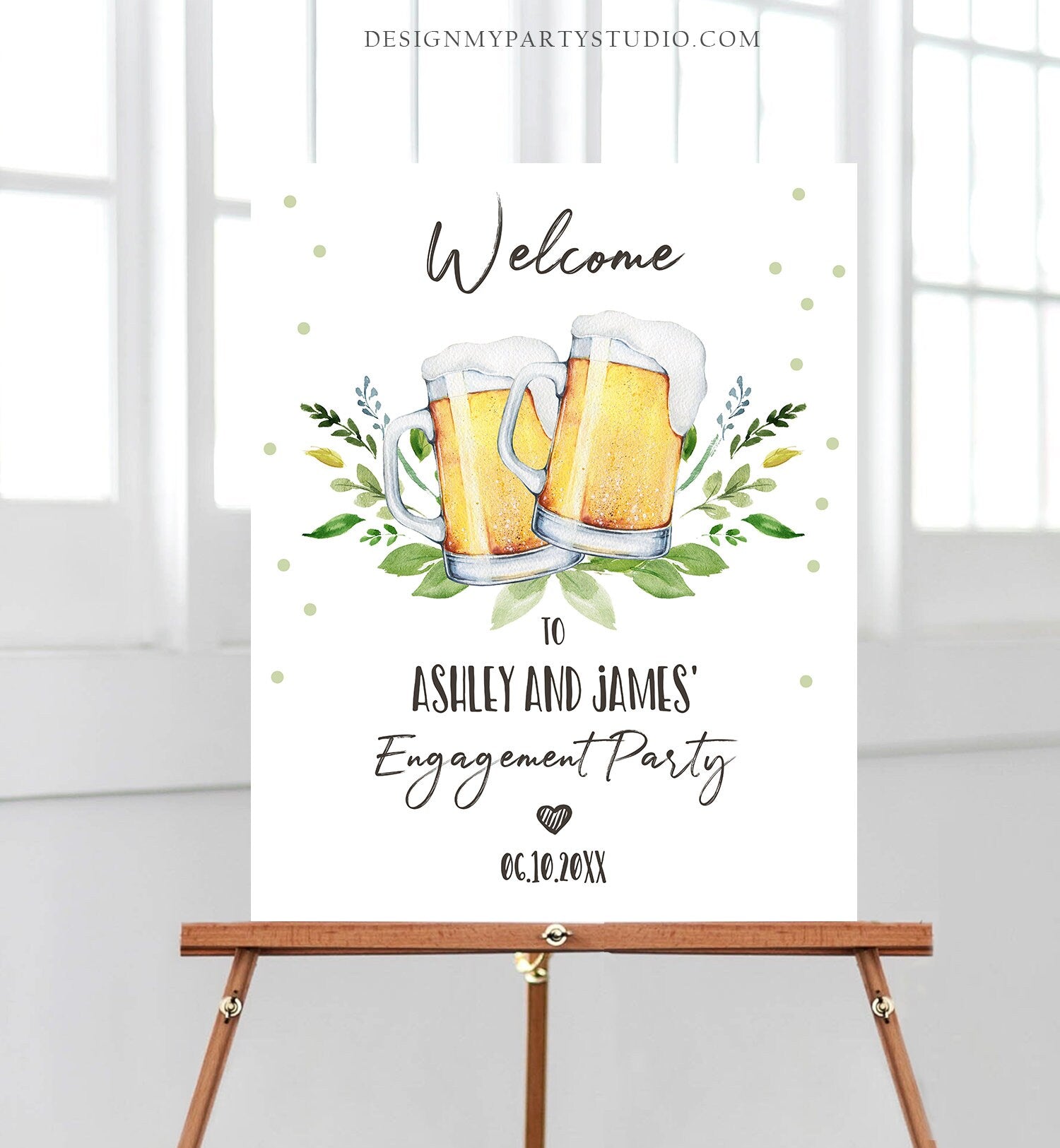 Editable Love is Brewing Welcome Sign Brewing Couples Shower Beers Cheers Wedding Brews Before I Do Greenery Digital Template Printable 0190